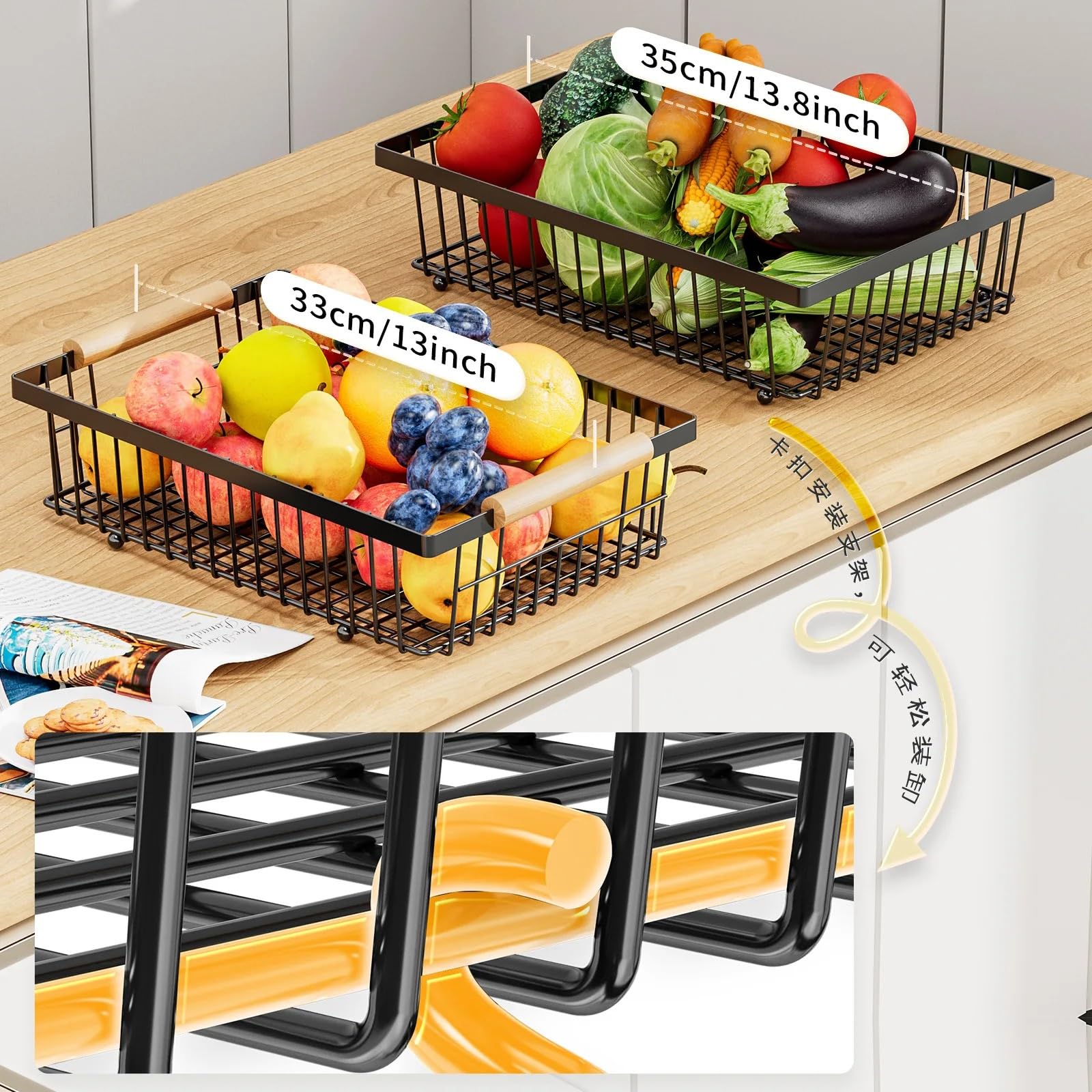 Scolapiatti 33 * 29 cm portaoggetti staccabili for frutta e verdura da cucina, vassoi a doppio strato, display domestico, a mano in legno, SS(White)