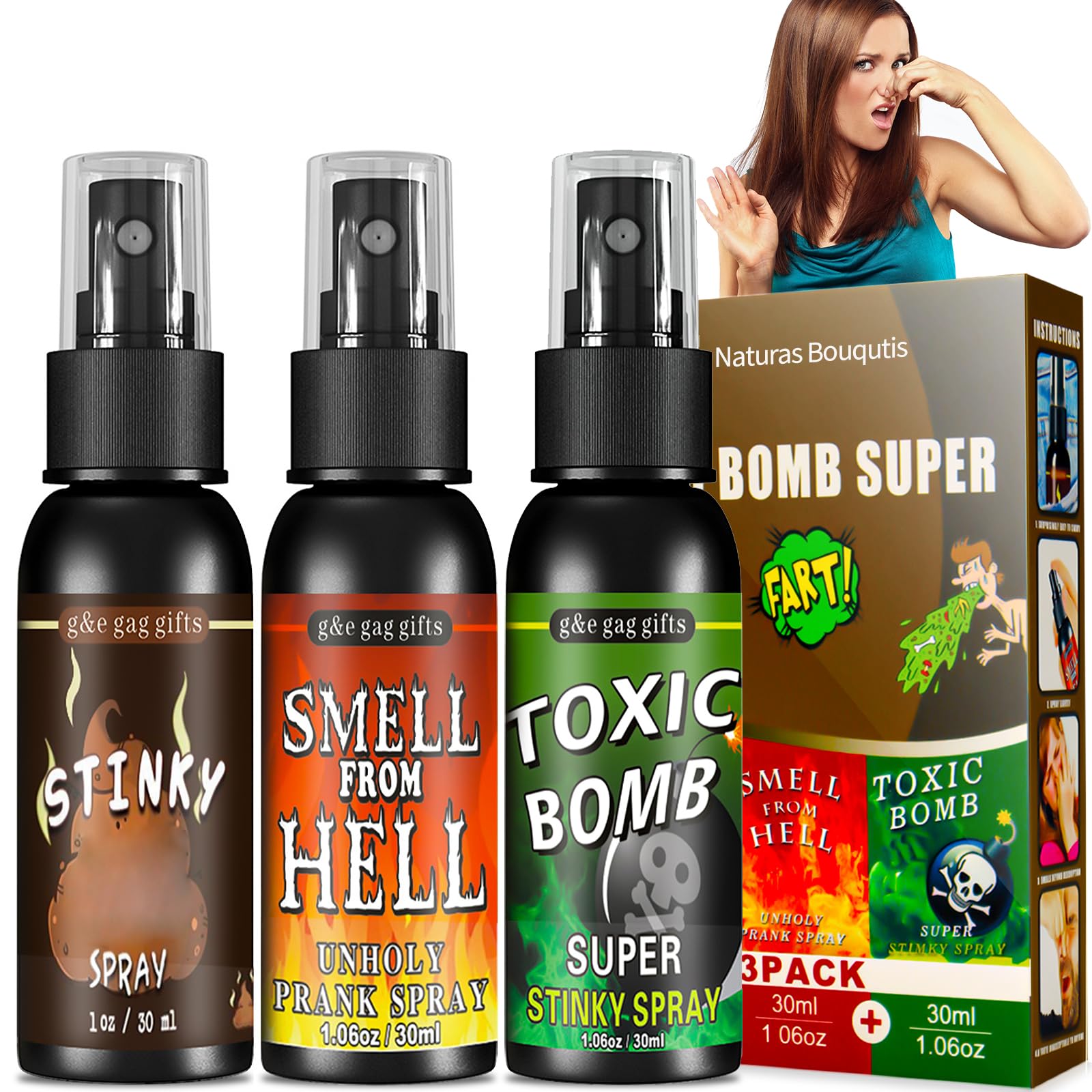 Naturas Bouquet Spray Puant 3 Odeurs – Caca, Enfer, Bombe – Farce Adulte, Prank Halloween, Blague Puissante