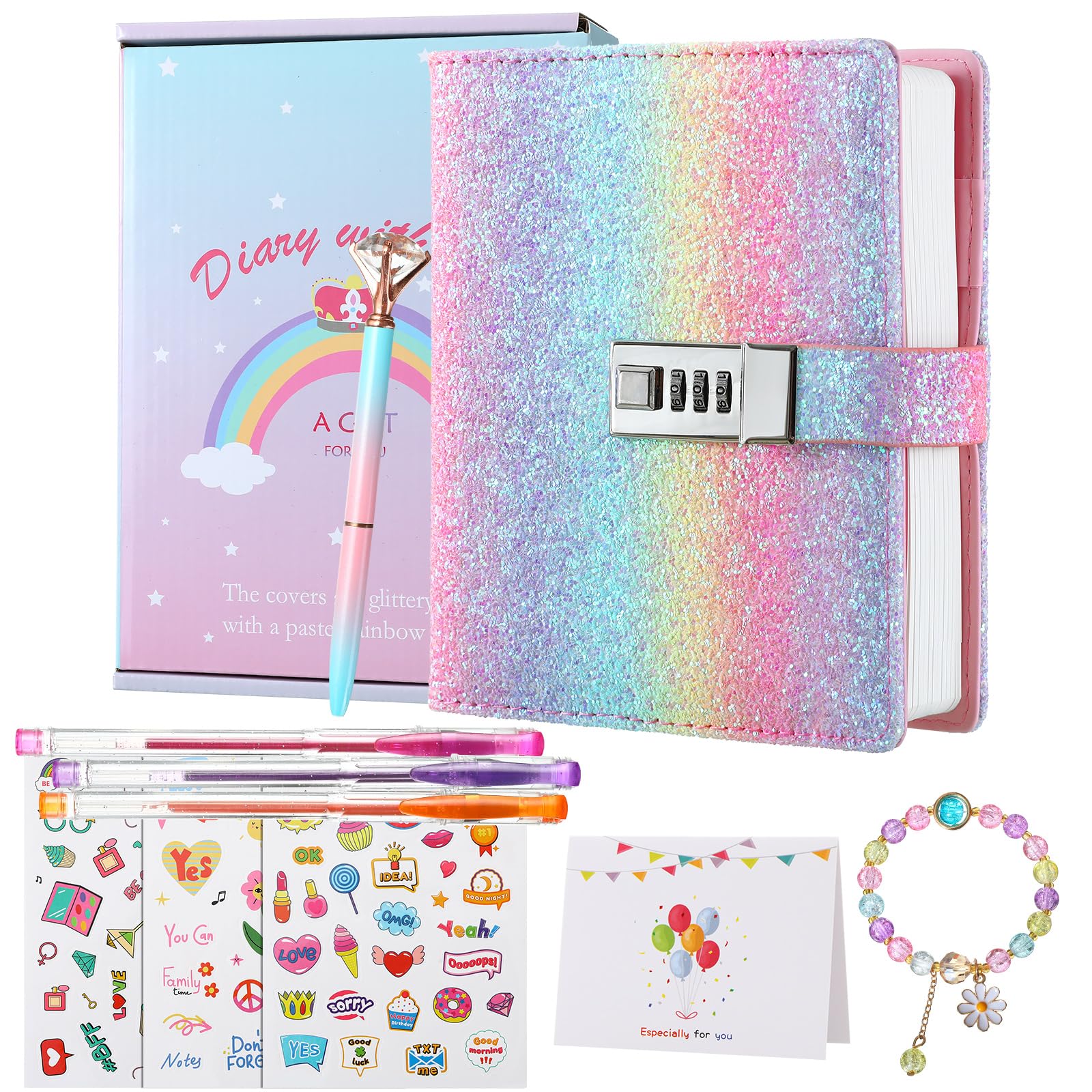Rainbow Diary with Lock for Girls, Lock Diary for Girls Age 8-12, Birthday Gifts for 9 10 11 12 Year Old Girls, Password Locked Journals for Teen Girls