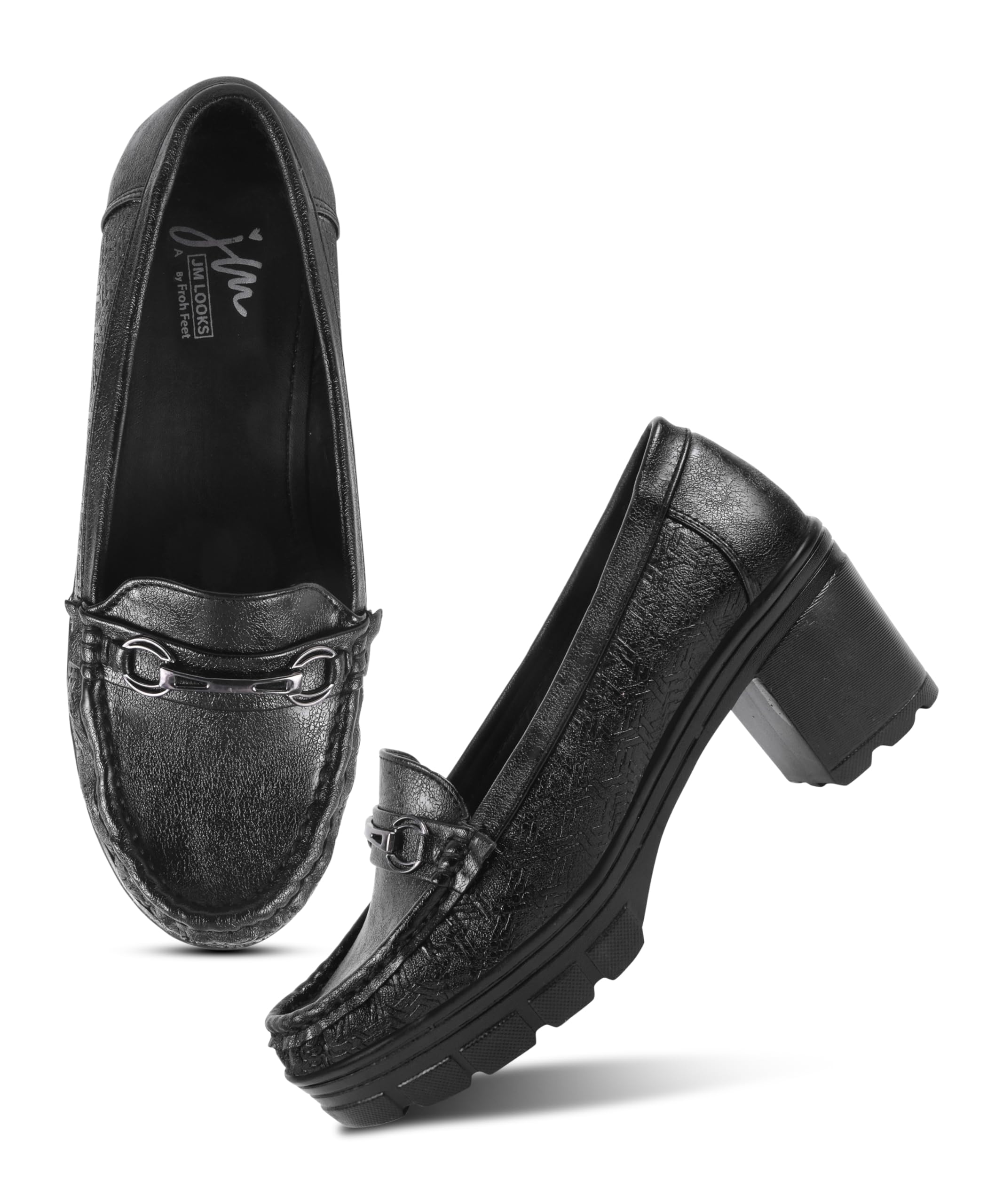Block Heel Platform Loafers with Textured Upper and Lug Sole