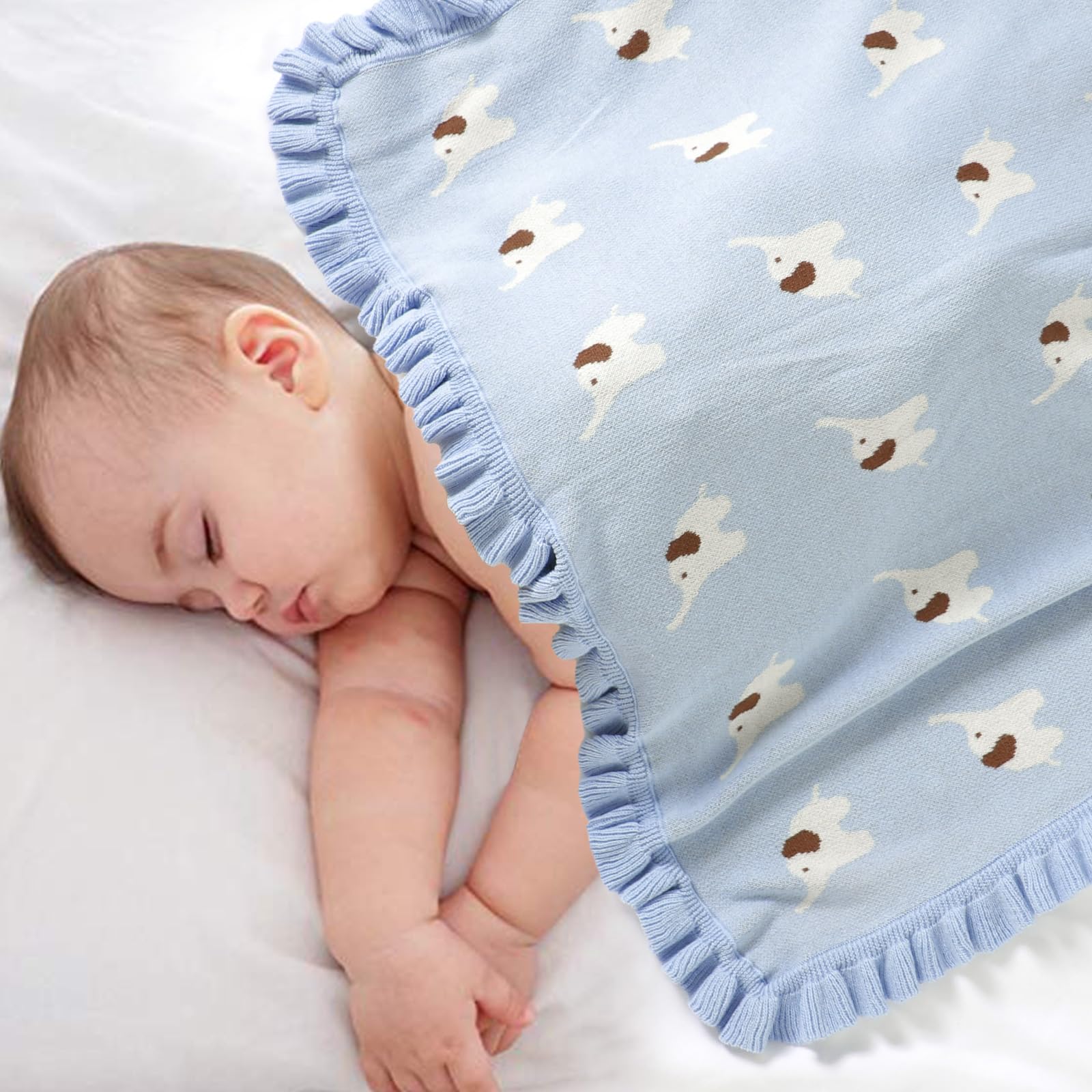mimixiong Cotton Baby Blanket Soft Knit Ruffle Blankets Cartoon Elephant for Newborn Boys and Girls (Light blue) - Image 3