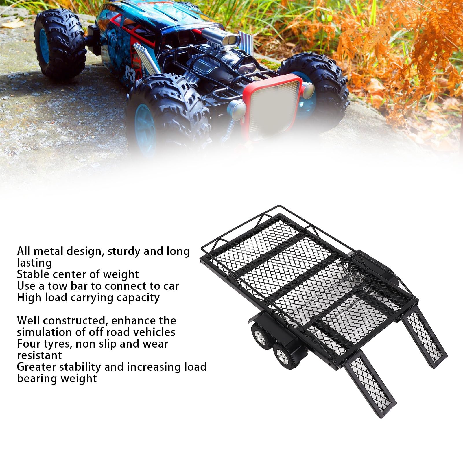 1/18 RC Trailer for Hauling Behind Car, Metal Trailer with Hitch Mount and Ramp, Double Axle Truck and RC Cars Trailer for 1/18 RC Crawer Car RC Upgrade Parts