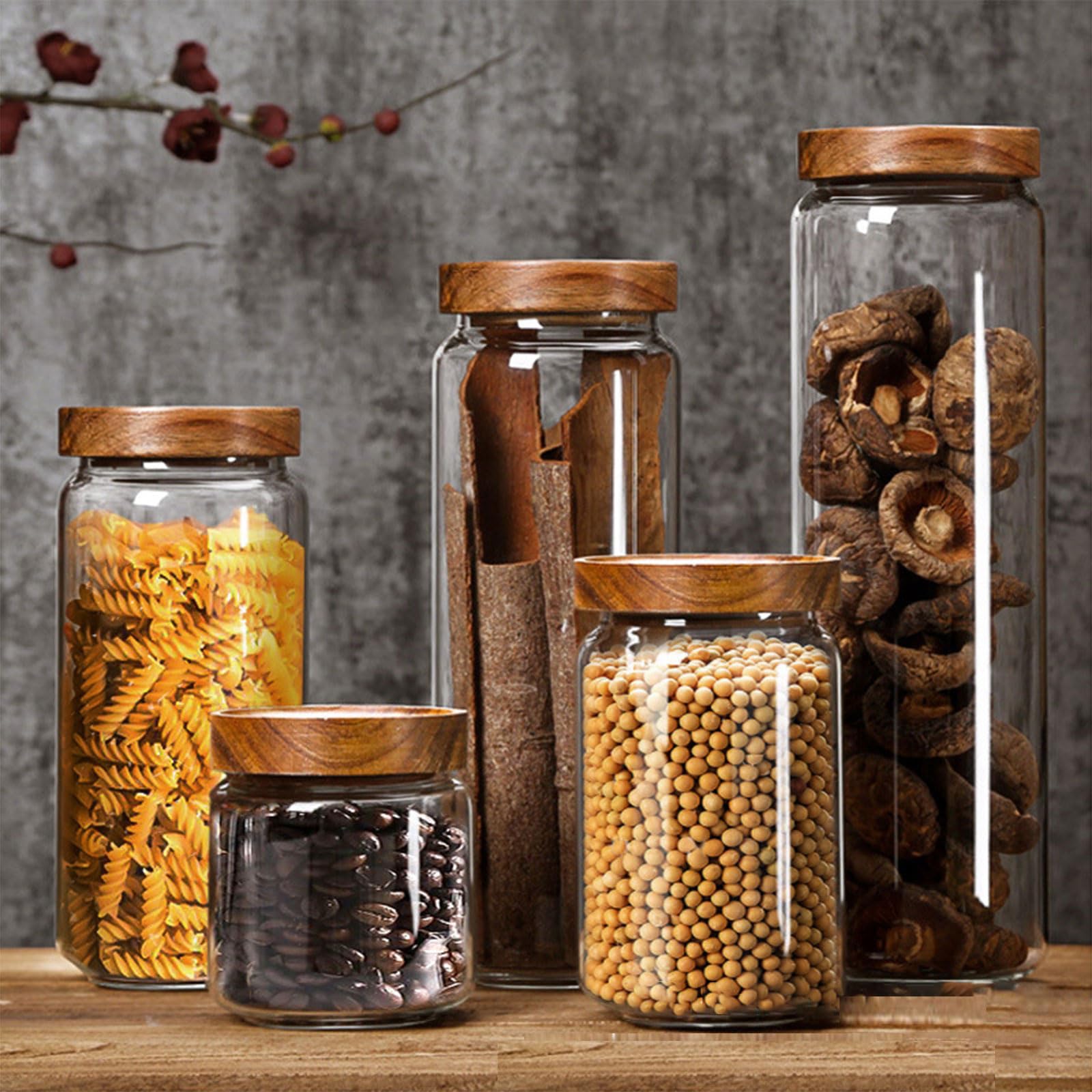 Dxcaicc 5 Stück Glas-Vorratsgläser mit Holzdeckel, multifunktionale Flasche, transparente Vorratsgläser,dekorative Glas-Vorratsflasche für Gewürze, Zucker,Salz,Tee,Nüsse,Kaffeebohnen