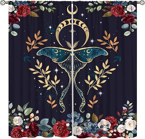 Miniatura 1 de Cortinas con temática de polilla de luna y estrellas, hermosas rosas rojas, luna de noche, jardín, hojas verdes, polilla, bohemia, gótica, para