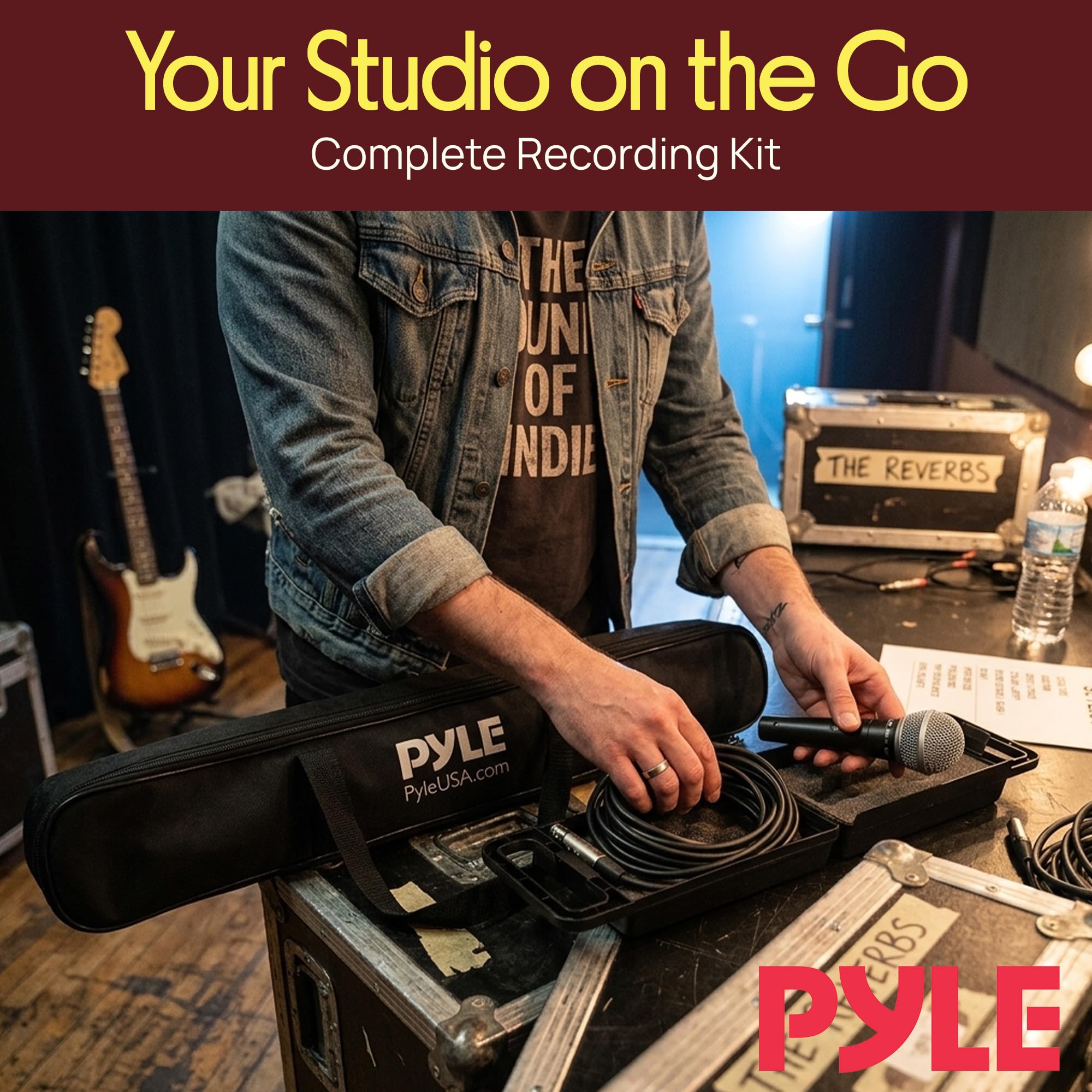 Pyle PDMIC88ST - Kit microfono dinamico unidirezionale con cavo vocale con borsa per il trasporto, supporto per microfono in metallo, clip e cavo audio XLR da 5 m a 1/4 ''