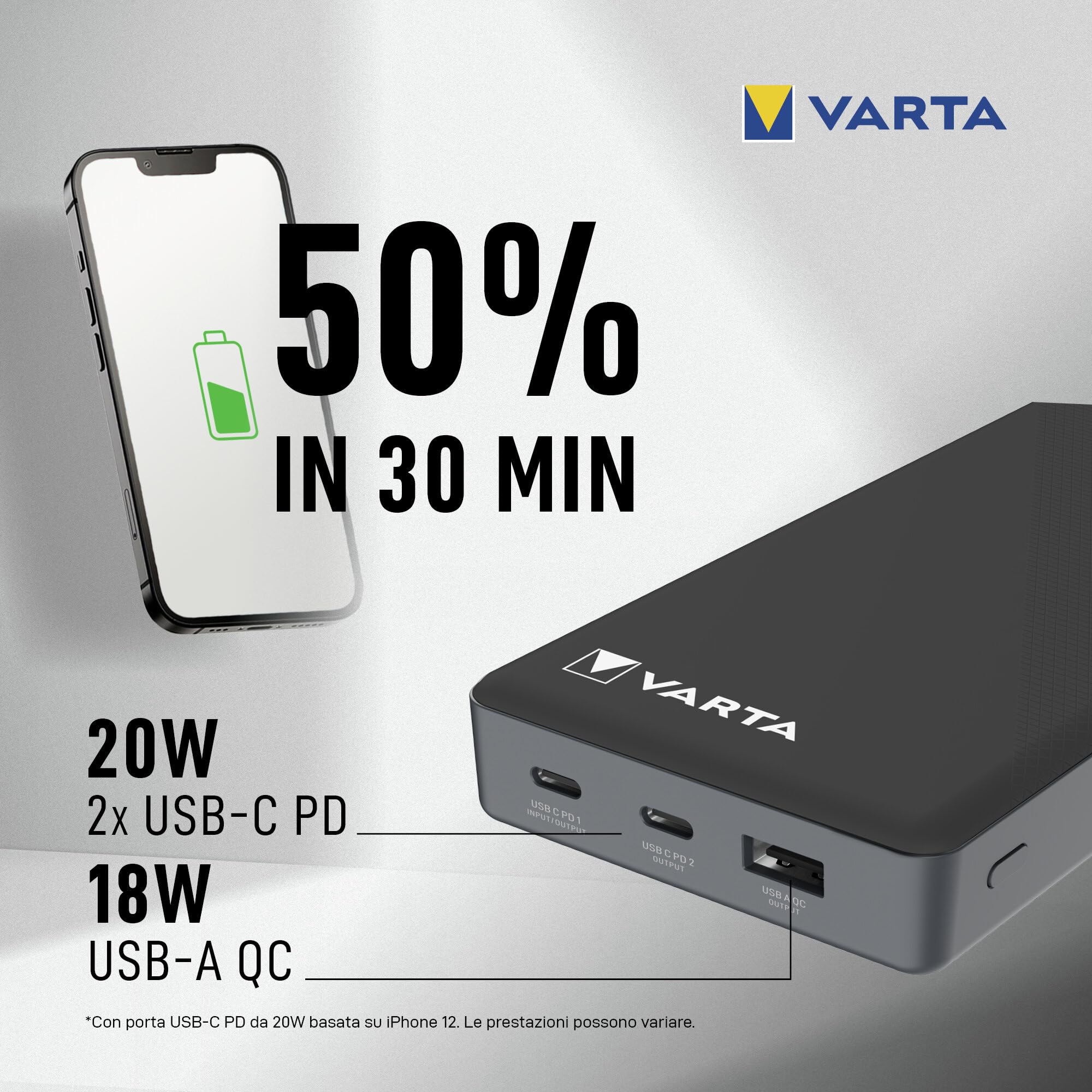 VARTA Power Bank 20000 mAh, Power on Demand, 1x USB A e 2x USB C