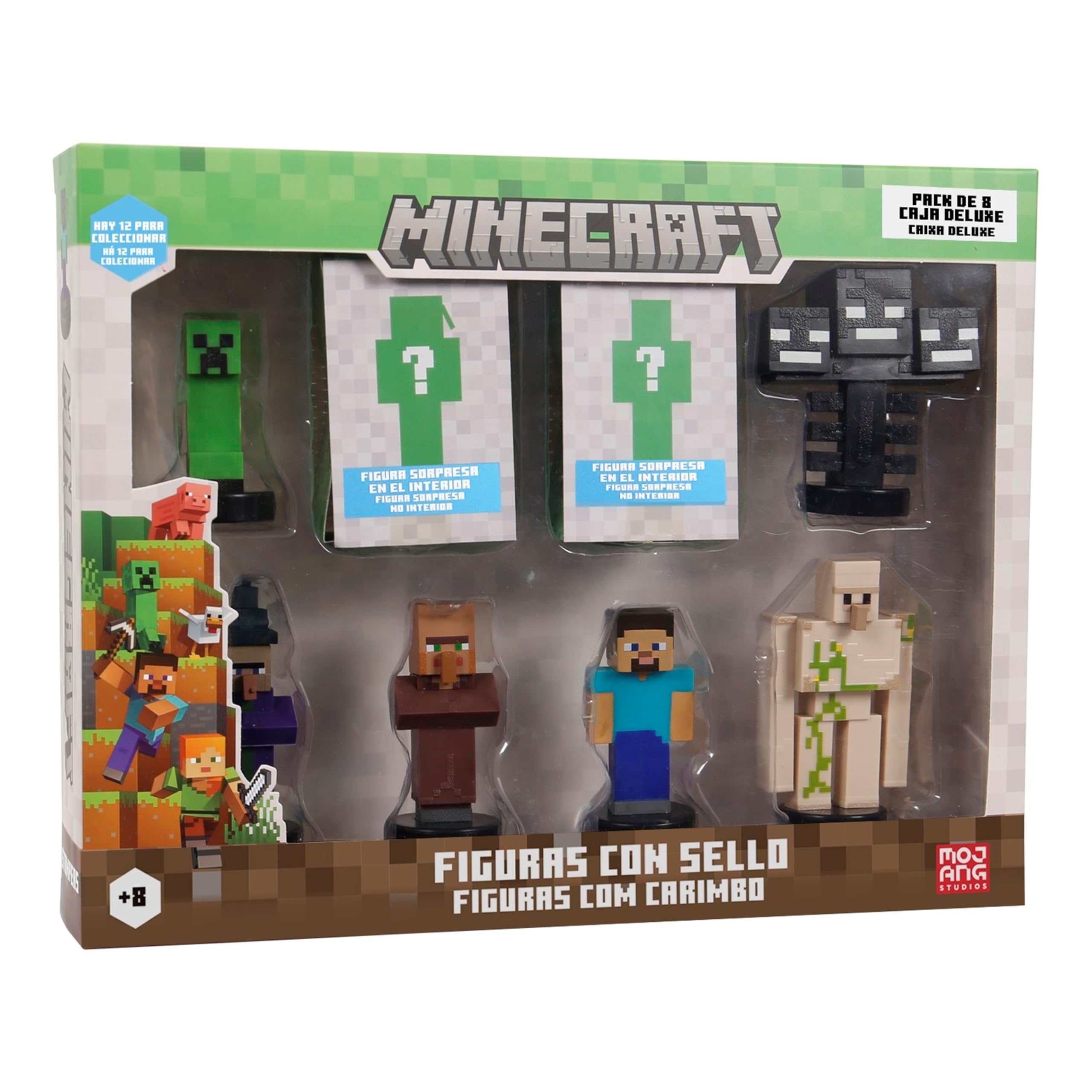 Bizak Minecraft Zestaw 8 figurek 5 cm, pudełko deluxe 1, 2 modele postaci do kolekcjonowania, oficjalna licencja na budowę wideo i cegły, dorośli fani i chłopcy lub dziewczęta (64110005-1