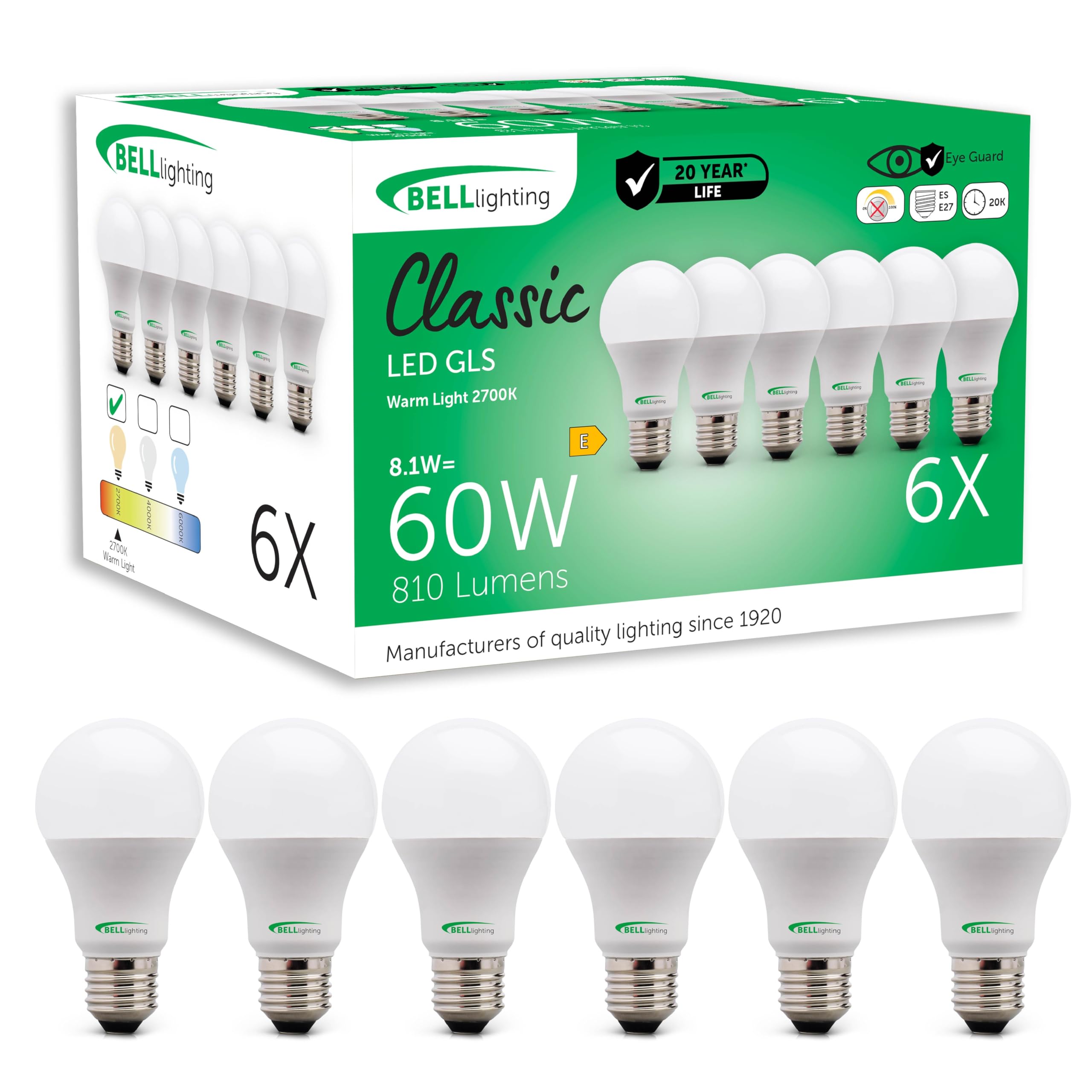 BELL Lighting E27 Edison Screw Cap Light Bulb LED GLS 6 Pack, Warm White - 2700k