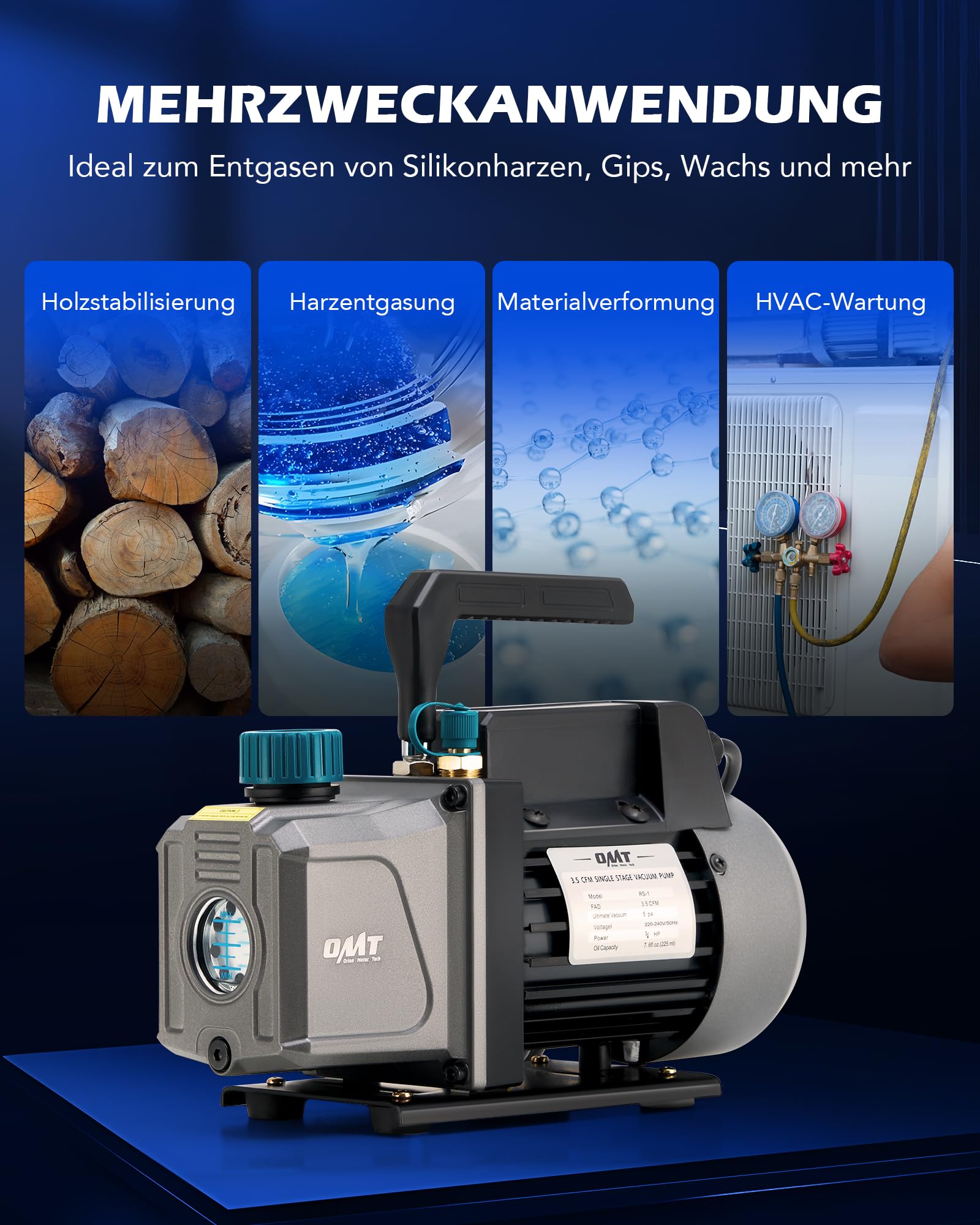 Orion Motor Tech Vakuumkammer mit Pumpe Vakuumkammer Entgasung Harz 3.5CFM mit 7,6L Edelstahl Vacuum Chamber Vakuumpumpe 100L/min mit Deckel aus gehärtetem Glas 1/4HP 5Pa HVAC-Vakuumgeräte