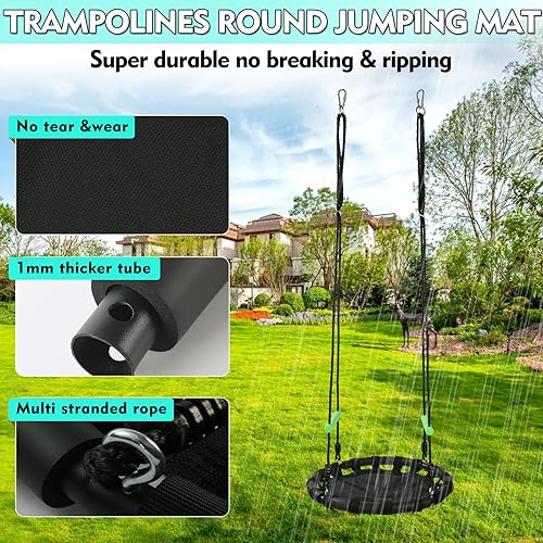 Miniatura 2 de Columpio redondo negro con asas y correas adicionales de 5 pies, hecho de marco resistente, alfombrilla de polipropileno, cuerdas ajustables de