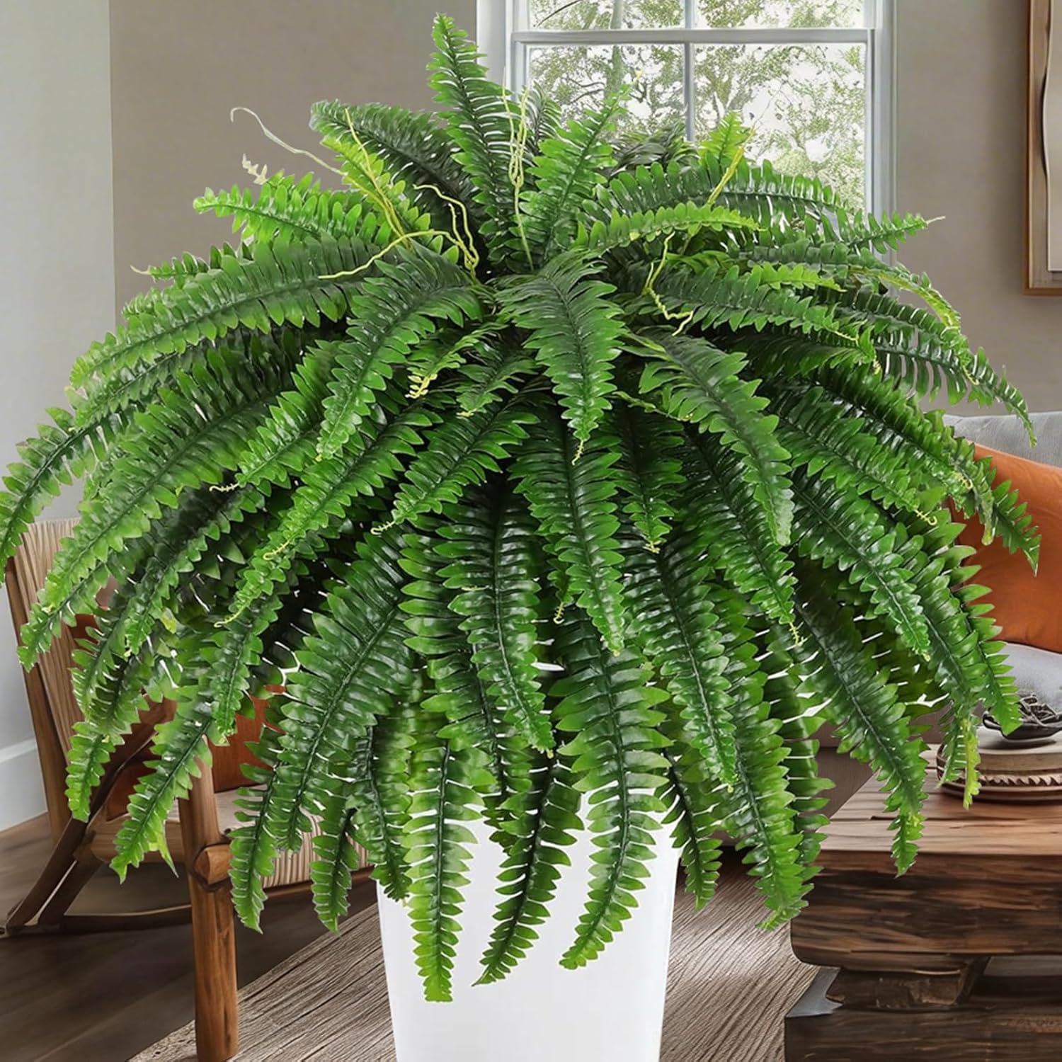 50" Fake Ferns with 96 Fronds & Ground Spike, Realistic Artificial Ferns for Outdoors, Artificial Boston Ferns for Outdoor Large Faux Plants for Porch Garden Home Office Decor