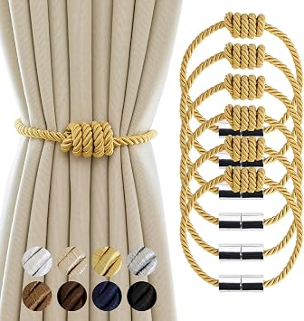 Magnetic Curtain Tiebacks - Decorative Tie Backs for Drapes, 6 Pack Rope Holders, Gold