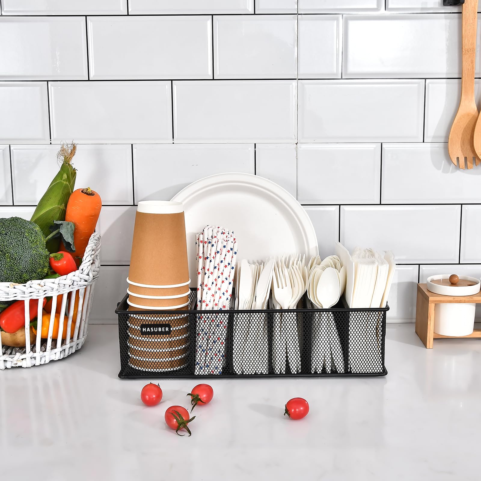 Organizador de cubiertos con asa, organizador de utensilios de metal para encimera de cocina, 7 compartimentos para plato, taza, servilleta, dispensador de platos de papel para fiesta, picnic 5
