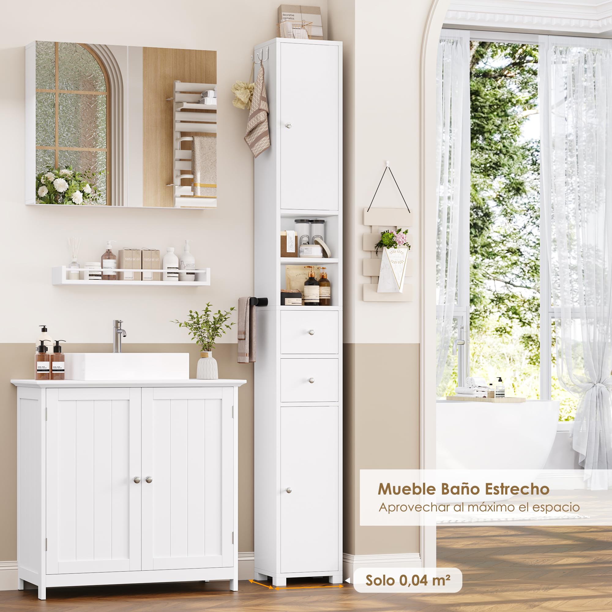 FOREHILL 181.5cm Armario Alto de Baño Armario Baño Columna Mueble Baño Estrecho, con 2 Puertas, 2 Cajones, 2 Compartimentos Abiertos, Estantes Ajustables para Espacios Pequeños Blanco, 20x20x181.5 cm