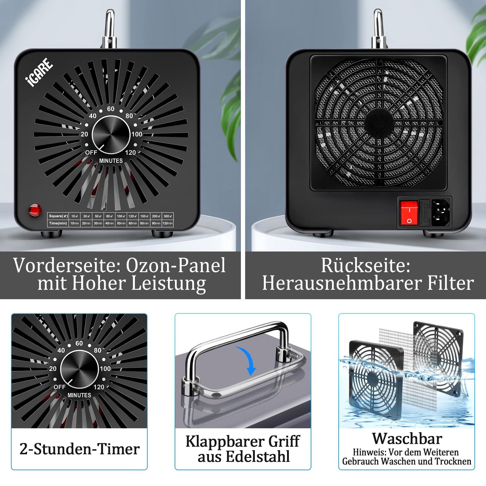 ICARE Ozongenerator 30000mg/h Ozongerät, Ozonisator Industrieller O3 Ozon Luftreiniger mit 120 Min Timer für 300㎡ Geruchskiller Geruchsneutralisierer für Auto, Rauch, Haustiergerüche, Küchengerüche