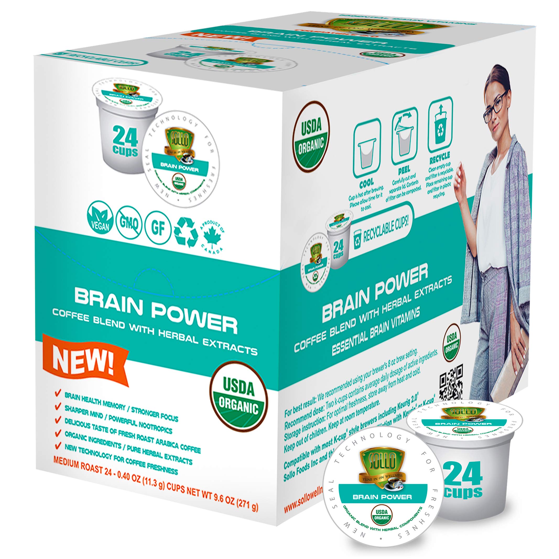 SOLLO Brain Power Medium Roast Coffee Pods with MCT, Acai & Vitamins - Improves Memory & Focus Compatible with 2.0 K-Cup Keurig Brewers, 24 Ct