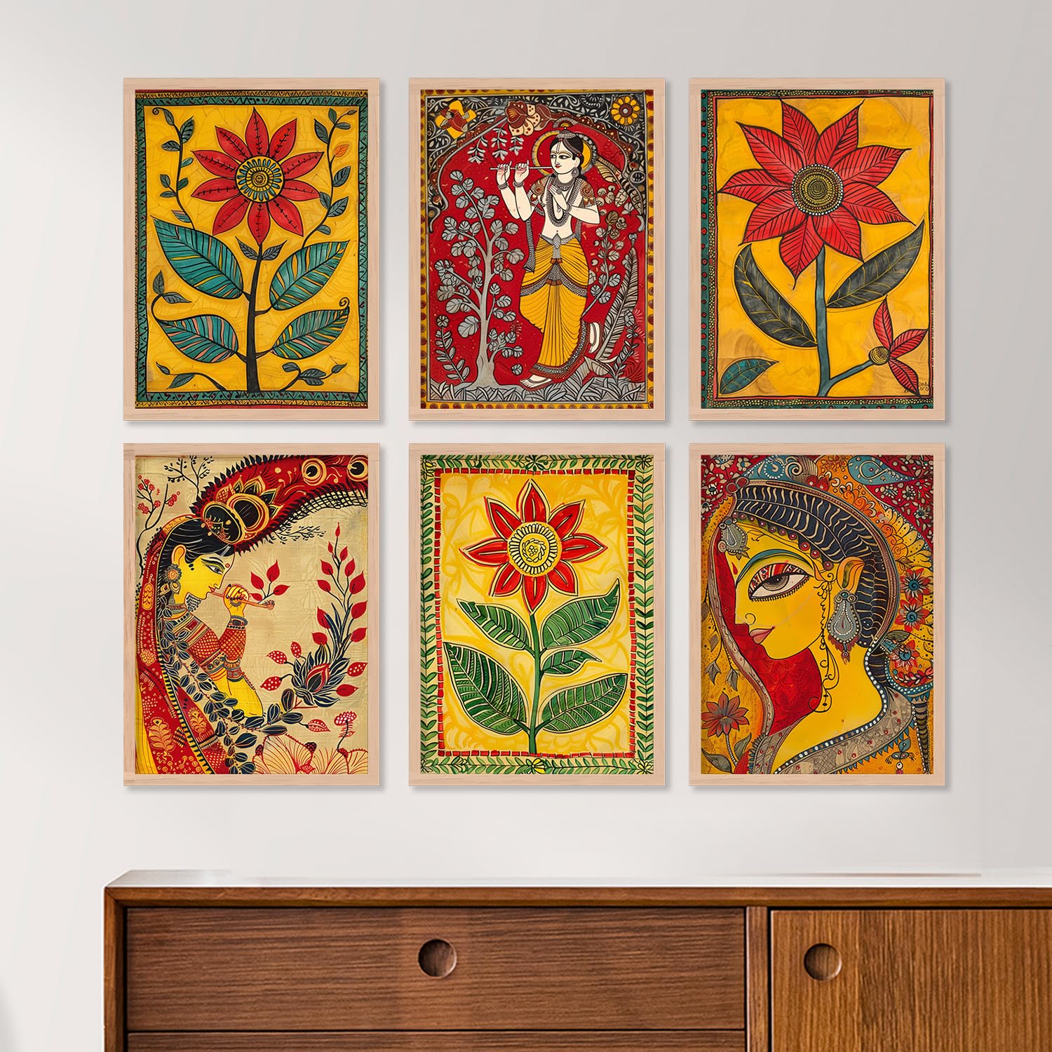 BANGERZ Madhubani Paintings For Wall Decoration - Framed Traditional Painting For Living Room Bedroom - Pichwai Frames For Wall Decor (Set of 6) (10inch x 13inch (Medium), Indian Art 3)