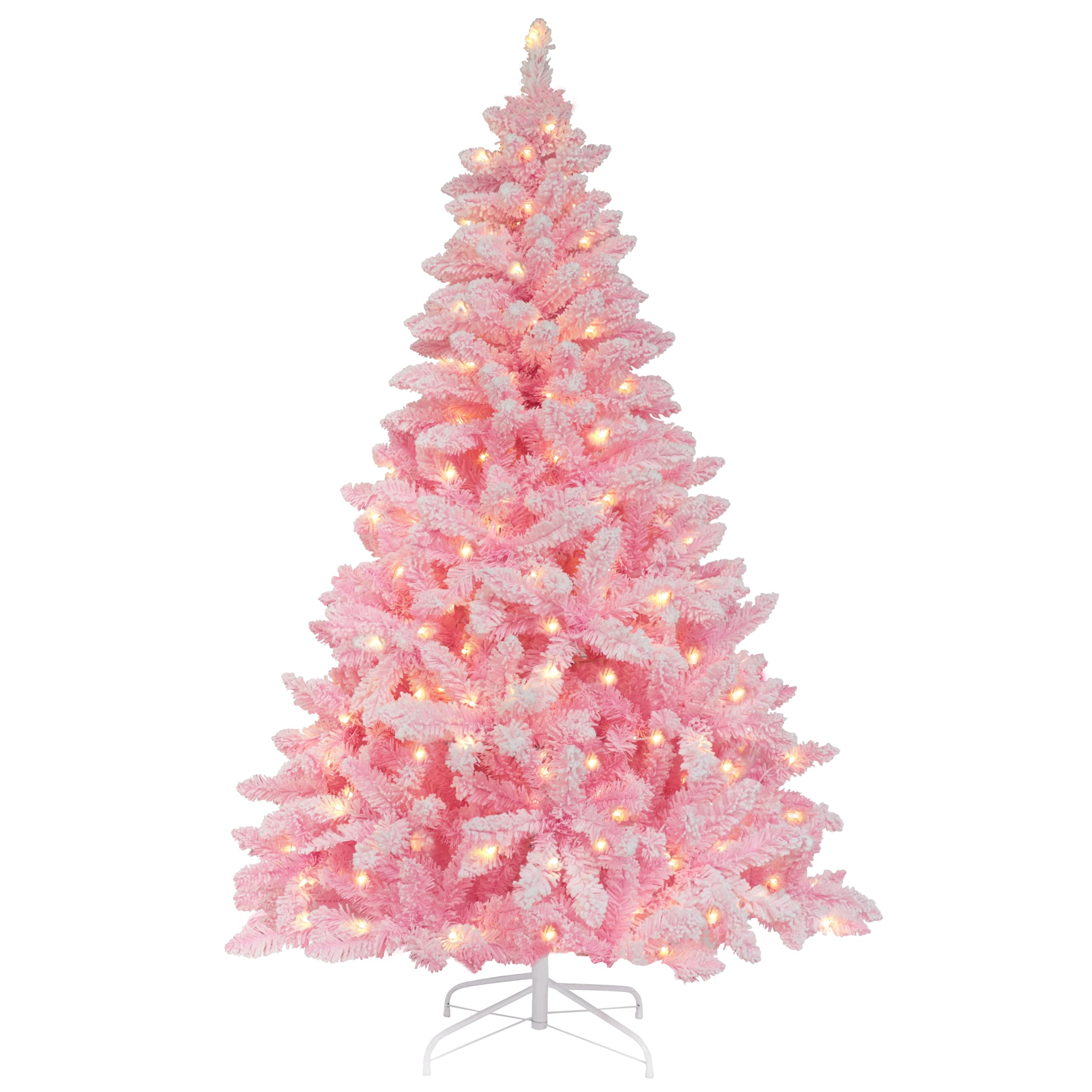 MUPATER 6ft Snow Flocked Christmas Tree Pre-lit, Pink Christmas Flocked Tree with Lights, Artificial Holiday Christmas Tree with Stand for Home Decoration