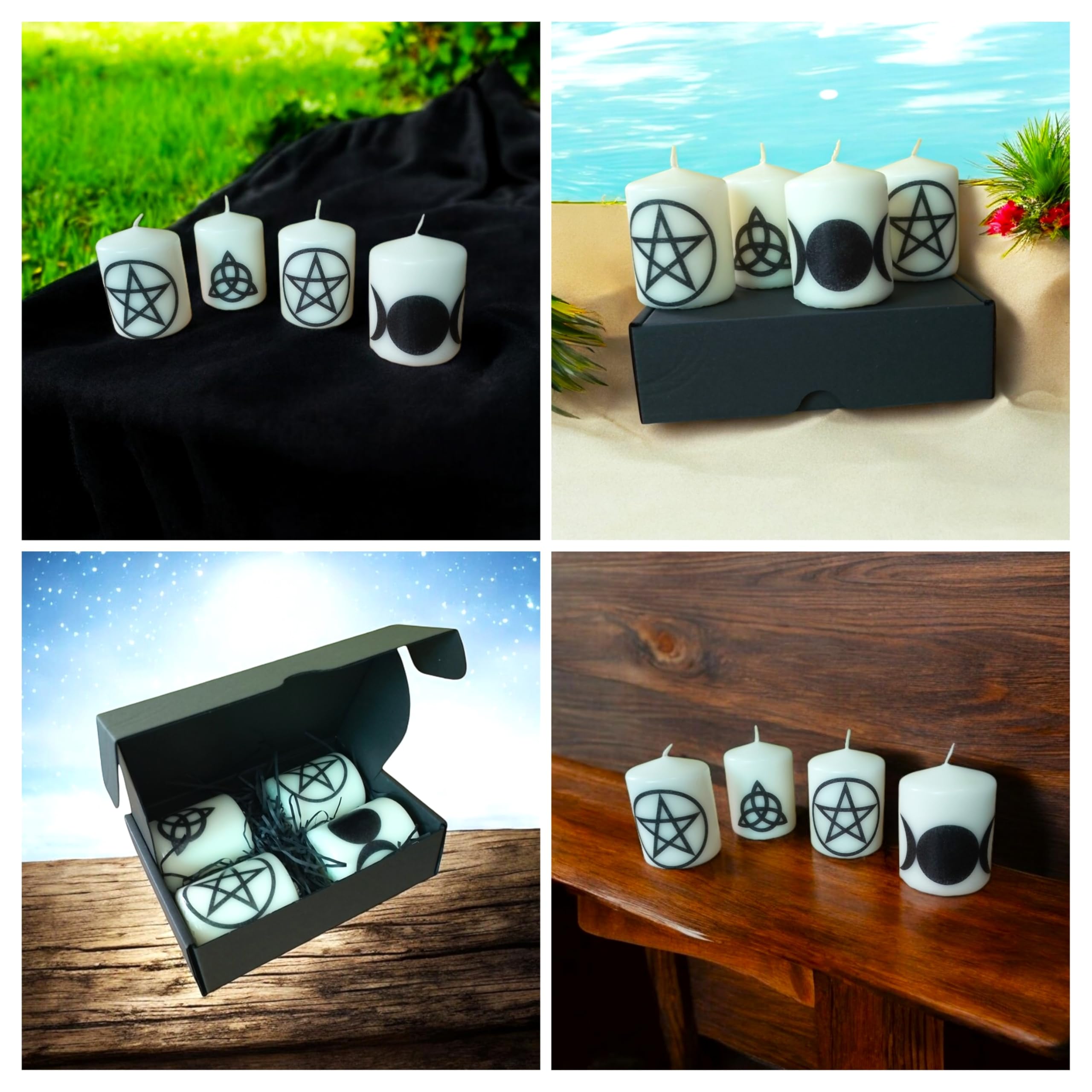 Pillar unscented Wax Candle Set of Four Witchy Pentagram Goddess Triple Moon Triquetra Symbol Decoration Magic Spell Relax Meditation Home Decor - Image 3