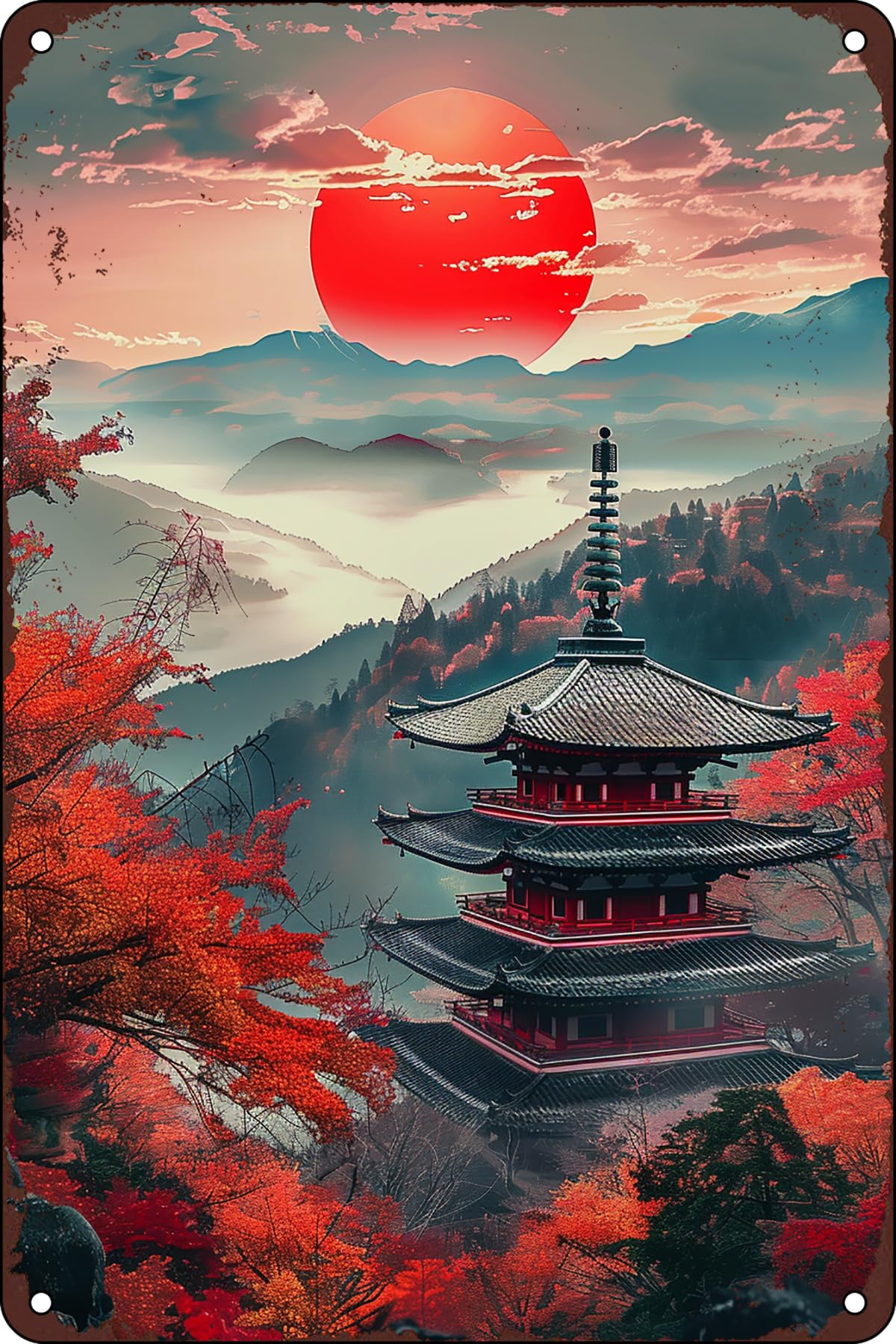Preeklen Tin Sign 048 Funny Vintage Metal Tin Sign Japanese Temple In Autumn Retro Poster Wall Art Plaque Decor For Home Bar Pub Cafe Office Store Hotel Restaurant Bedroom Man Cave Garage Decorative 8X12 Inch