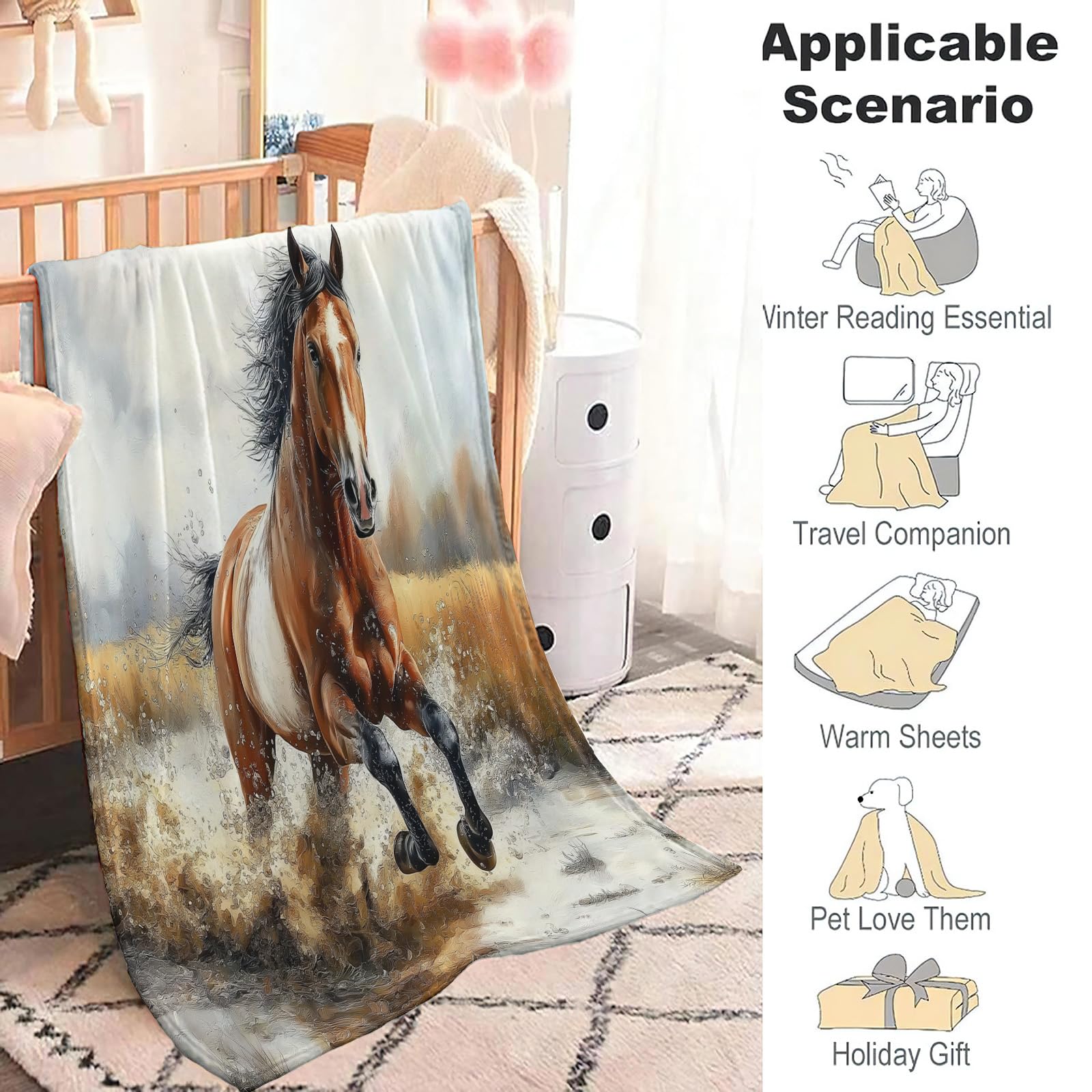 Coperta Cavallo Al Galoppo Pile, Coperta Letto Singolo Matrimoniale 220X240Cm Flanella, Motivo Animale Coperta Divano Grande Caldo Morbida E Accogliente, Coperta Da Divano