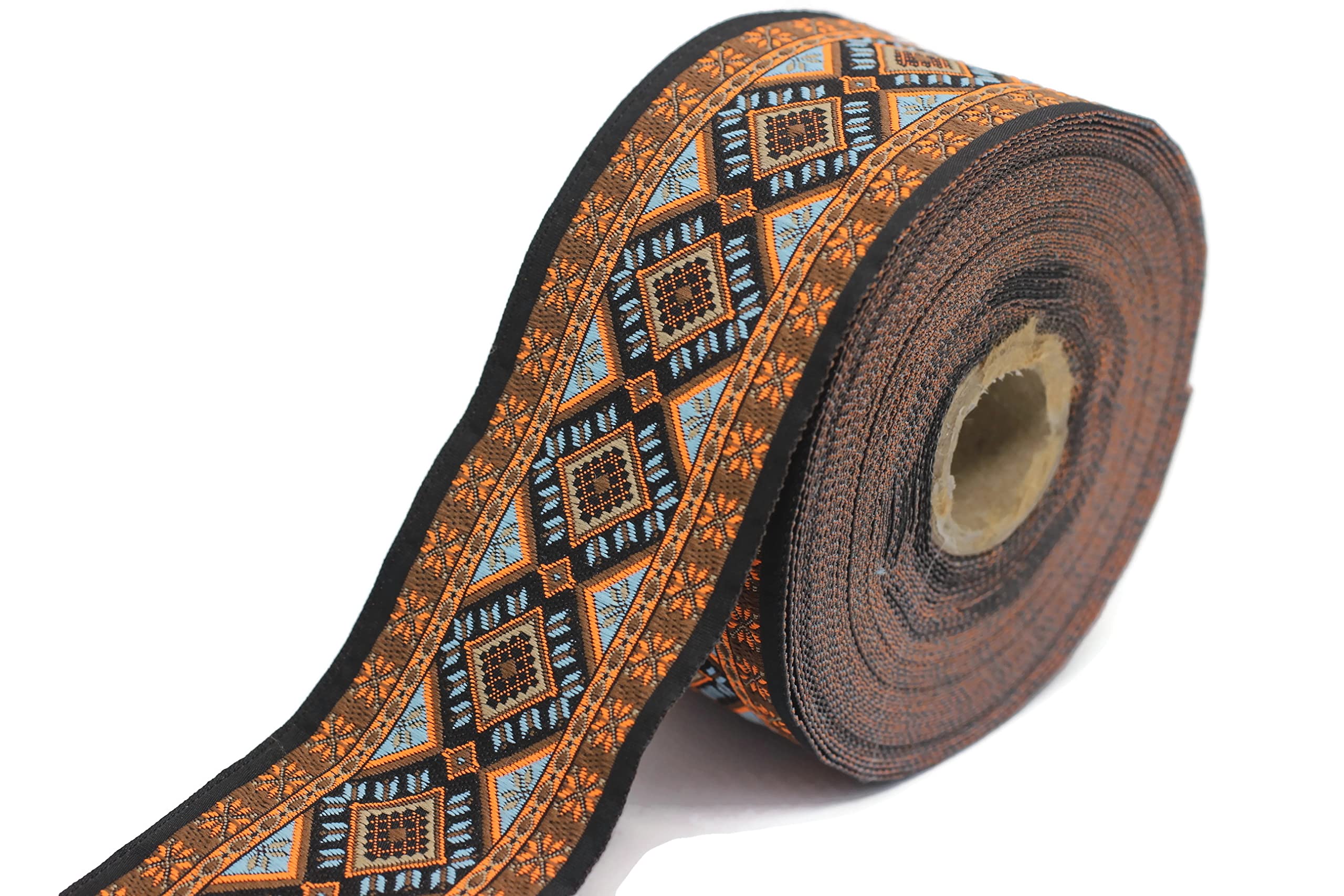 Galon Ruban Jacquard Tisse Bleu Clair Et Orange Losanges