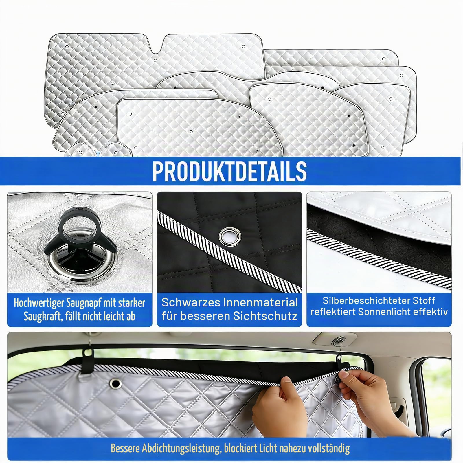 Sonnenschutz Thermomatte für V-Klasse//VianoVito W447 2014-2024 LWB | Auto Frontscheibe Abdeckung, 10-teiliges Set für Rundumschutz, Aluminiumfolie Faltbar Sonnenblende, Reflektiert Hitze