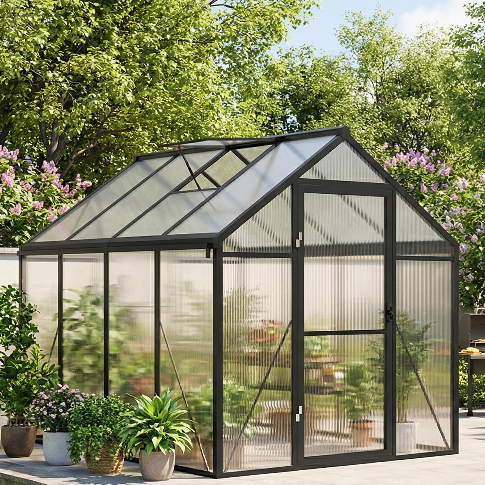 garvee 6x8ft greenhouse, large walk-in greenhouse for outdoors with roof vent & lockable outward-opening swing door, heavy duty aluminum frame polycarbonate green house for garden,backyard,lawn,grey (incomplete one box only)
