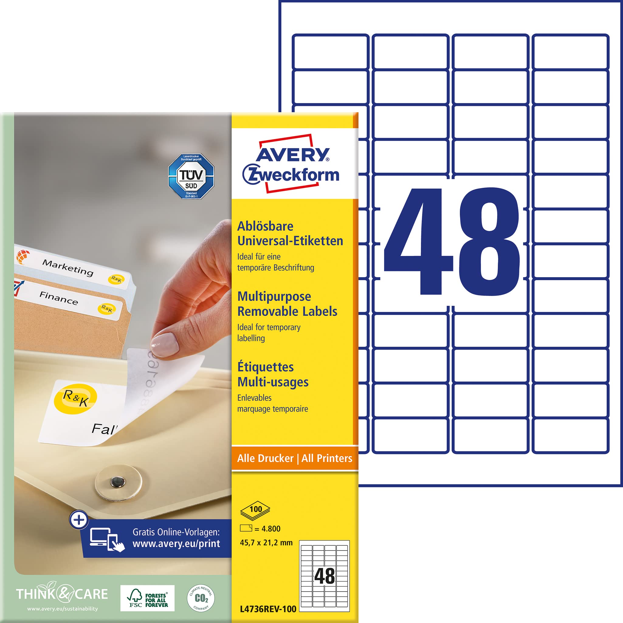 AVERY Zweckform L4736REV-100 Universal Etiketten (4.800 Klebeetiketten, 45,7x21,2mm auf A4, wieder rückstandsfrei ablösbar/abziehbar, individuell bedruckbare, selbstklebende Aufkleber) 100 Blatt, weiß