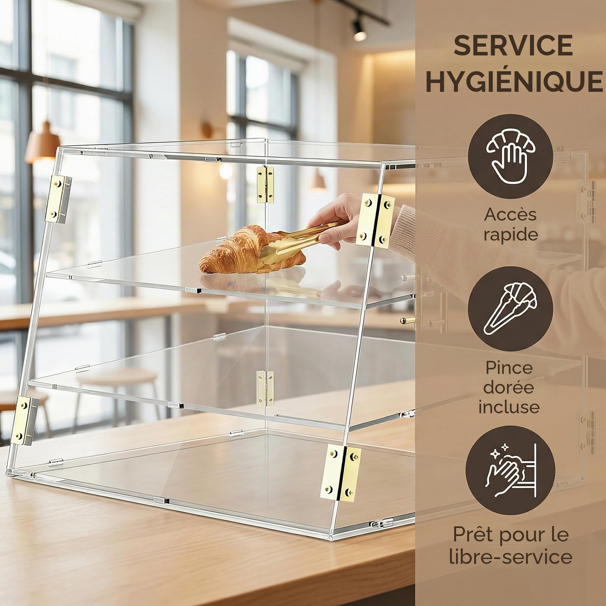 Vitrine de boulangerie commerciale à 3 compartiments avec porte automatique élastique, 53,1 x 43,2 x 43,2 cm Présentoir alimentaire pâtisserie-pain boîte de rangement pour beignets gâteaux