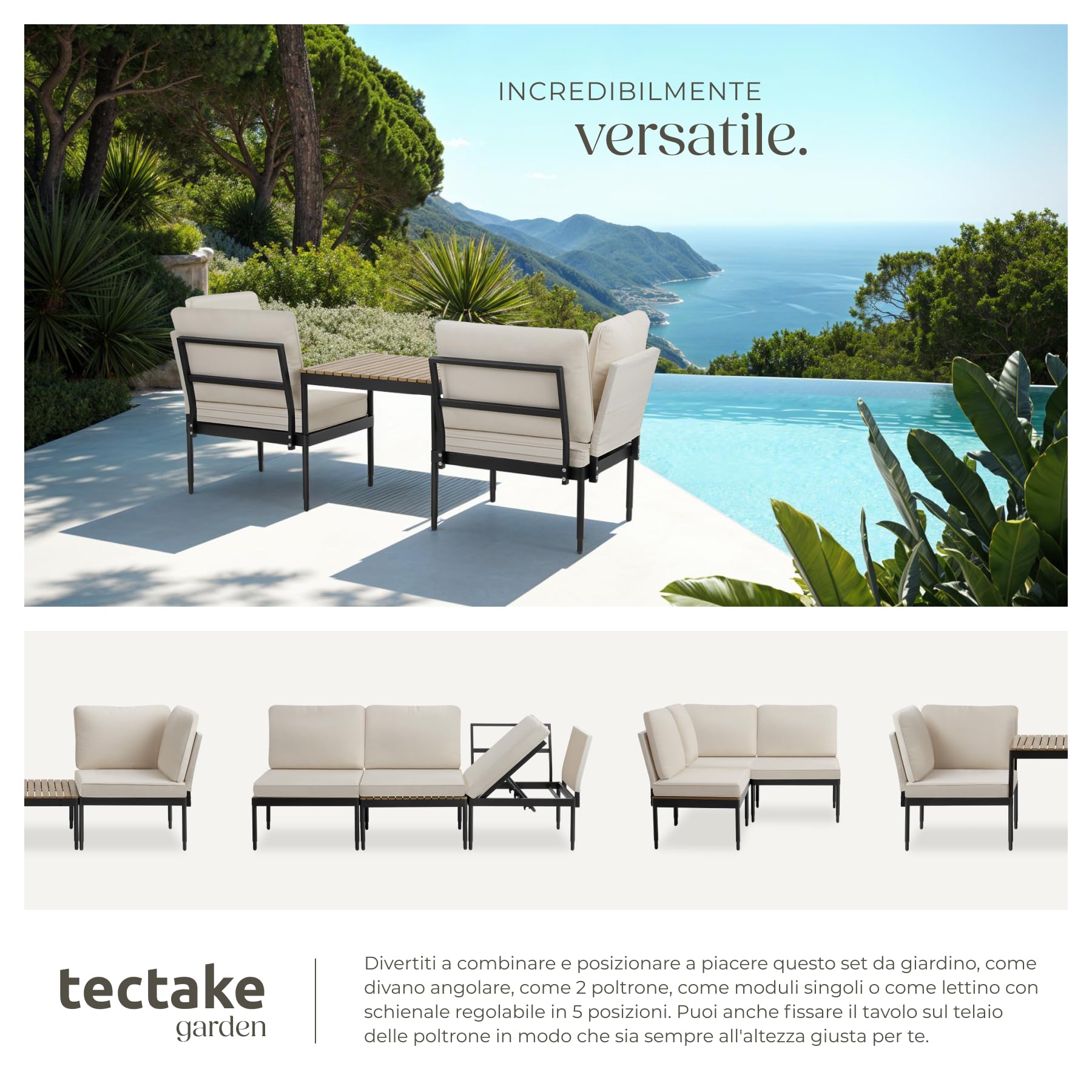 tectake® Set salotto da giardino 5in1, schienale regolabile, tavolino effetto legno, telai in alluminio, cuscini idrorepellenti, braccioli con tasca, divanetto da esterno, set salotto sedie e tavolo