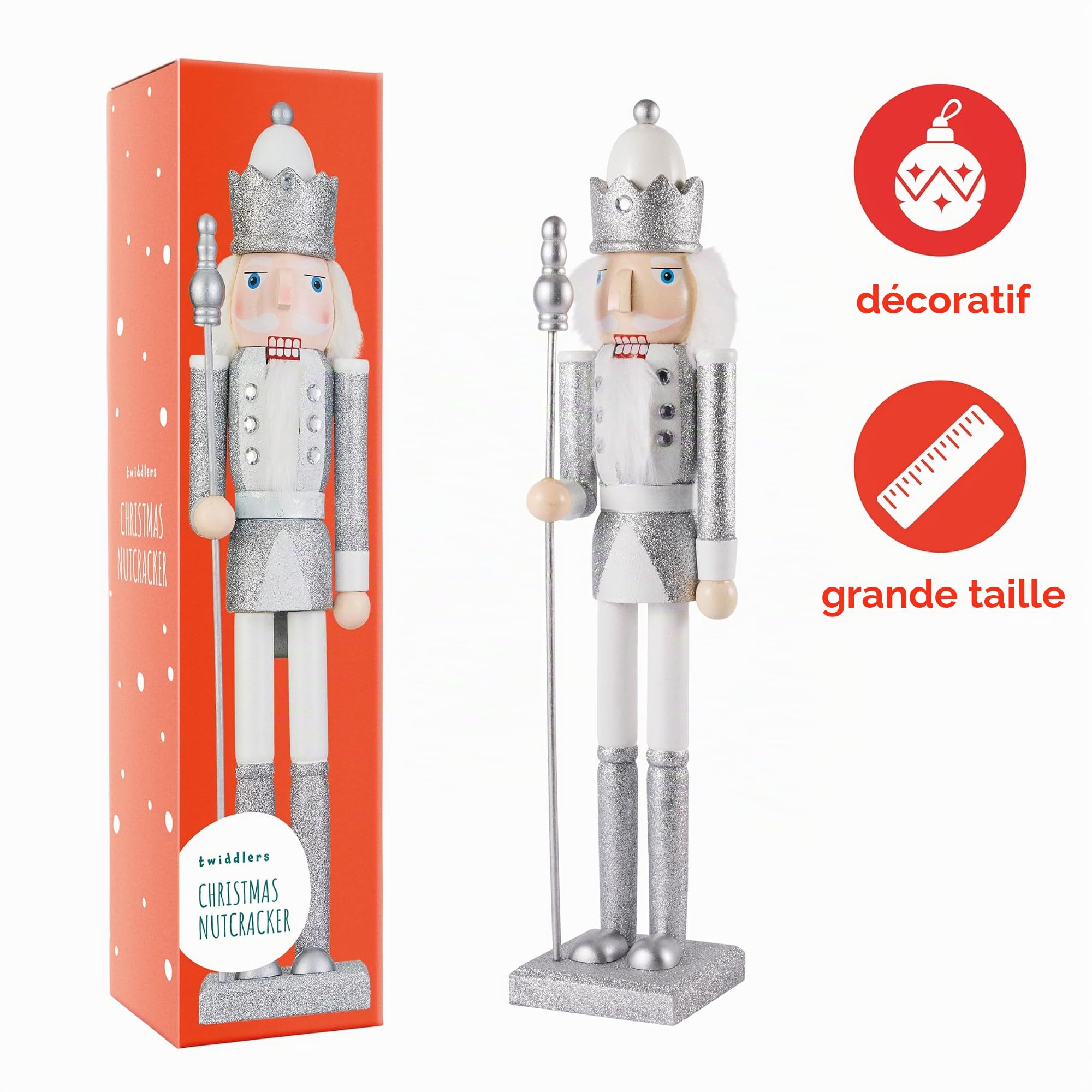 THE TWIDDLERS Grand Soldat Casse-Noisette de Noël avec Support, XL 50cm - Matériau de Pin & de Bois Fait à la Main de Qualité Supérieure - Déco de Noël Traditionnelle - Blanc & Argent