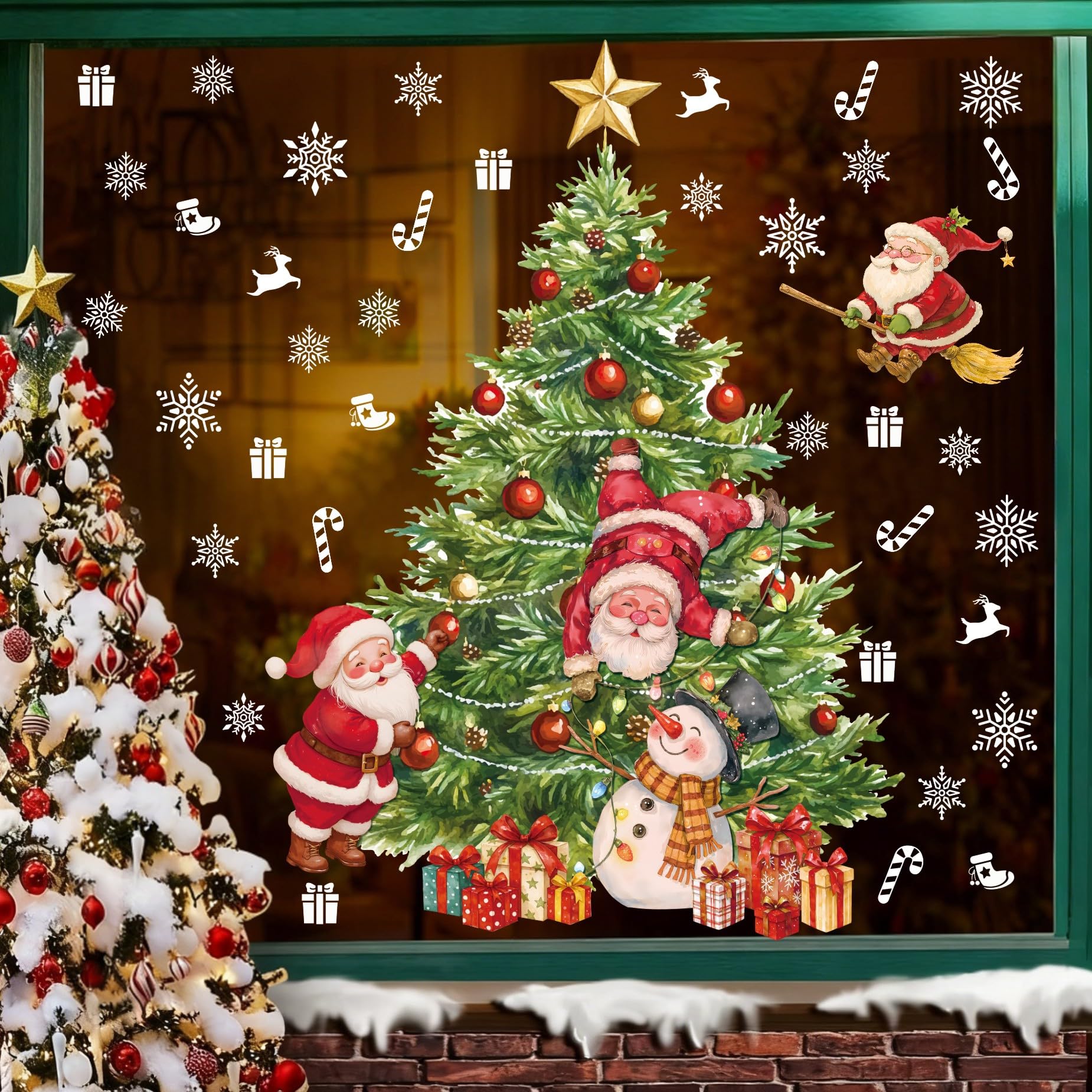 KAIRNE Christmas Tree Window Stickers Santa Claus Snowman Glass Sticker for Home Office Snowflake Large Xmas Tree Window Clings for Christmas Party Xmas Snow Star Wall Decals for Winter — image 1