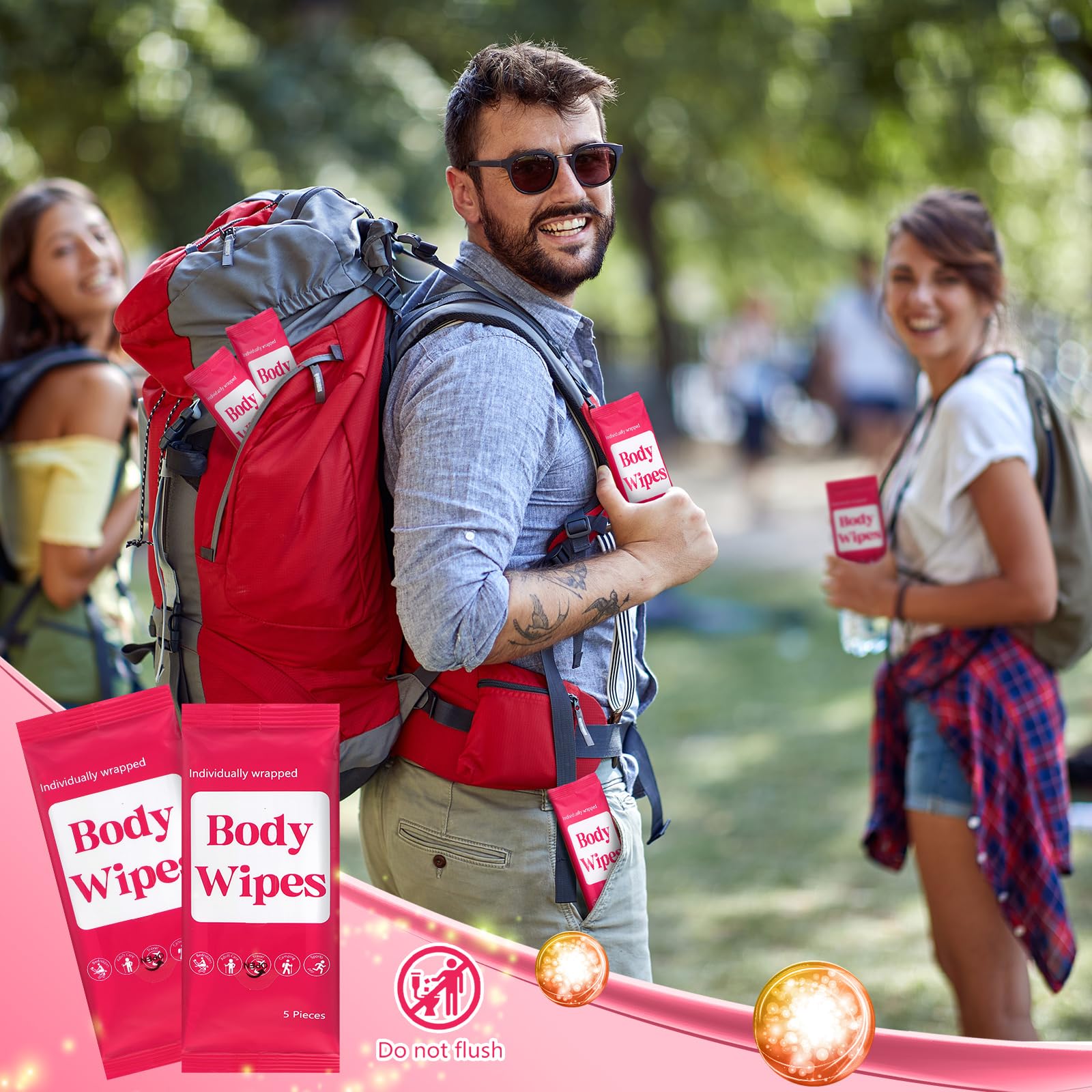 Threlaco 300 Toallitas Corporales (Paquete De 60) Para Adultos, Sin Enjuague, Envueltas Individualmente, Toallitas De Ducha Con Aloe, Toallitas Limpiadoras Corporales Desechables (Fondo Rosa)