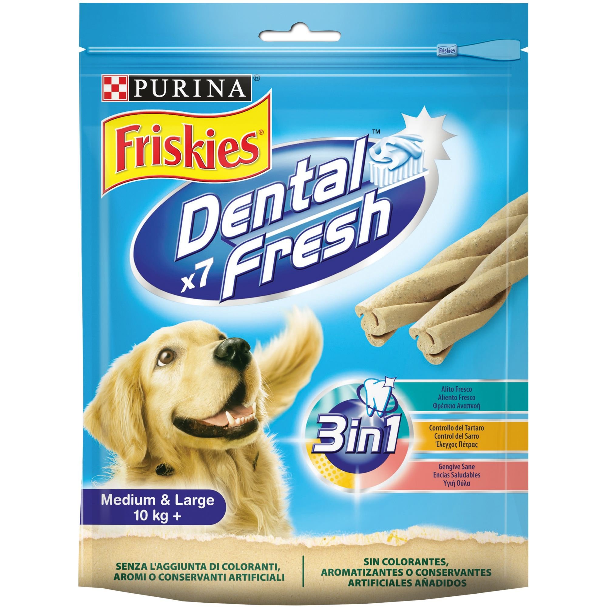 Purina Friskies Dental Fresh, Snack Dental, mal aliento para perro mediano y grande, 6 bolsas de 180g