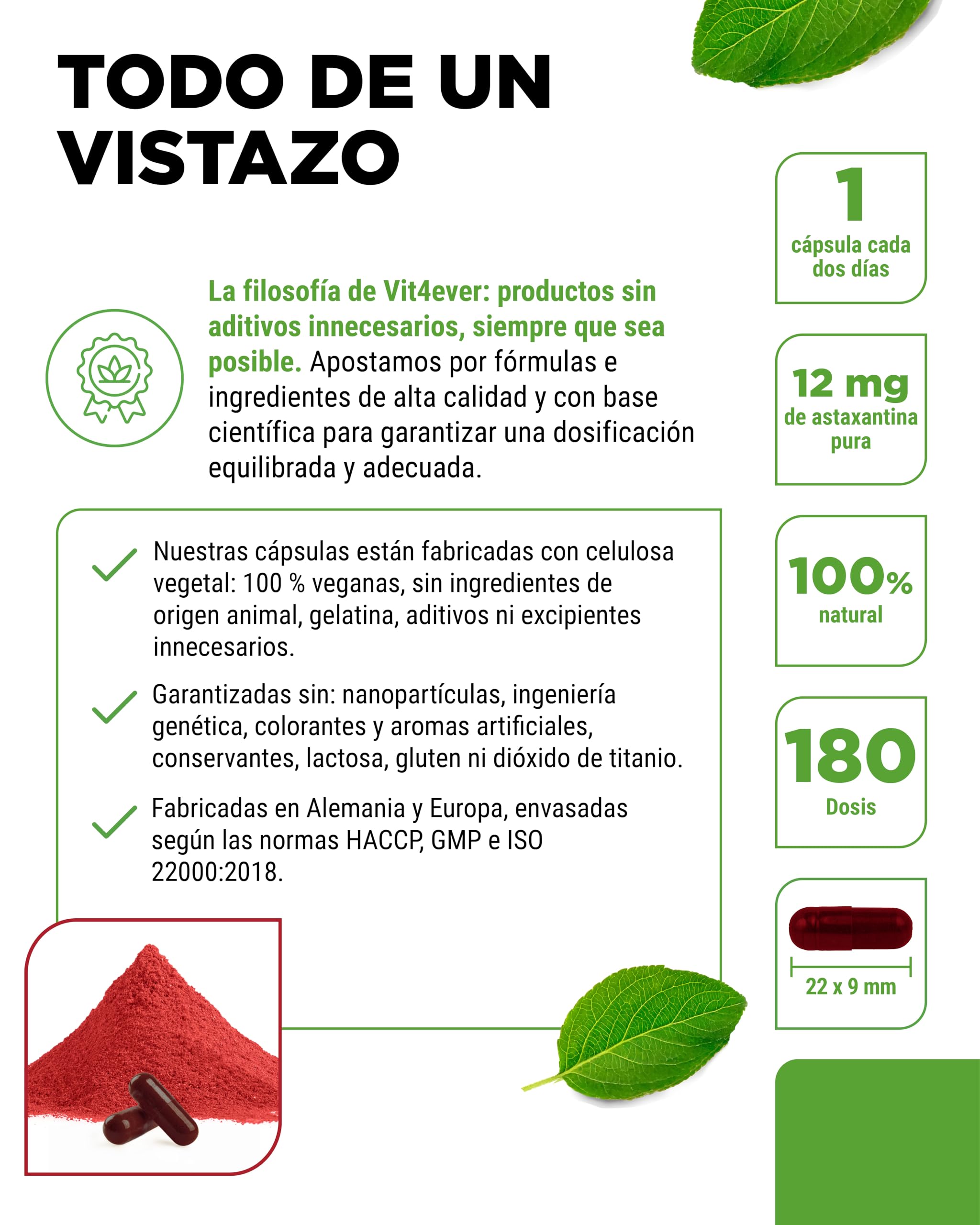vit4ever Astaxantina 12 mg AstaGuard® - 90 Cápsulas Veganas - Alta Dosis - Suministro para 6 Meses - Oleorresina Premium de Haematococcus pluvialis