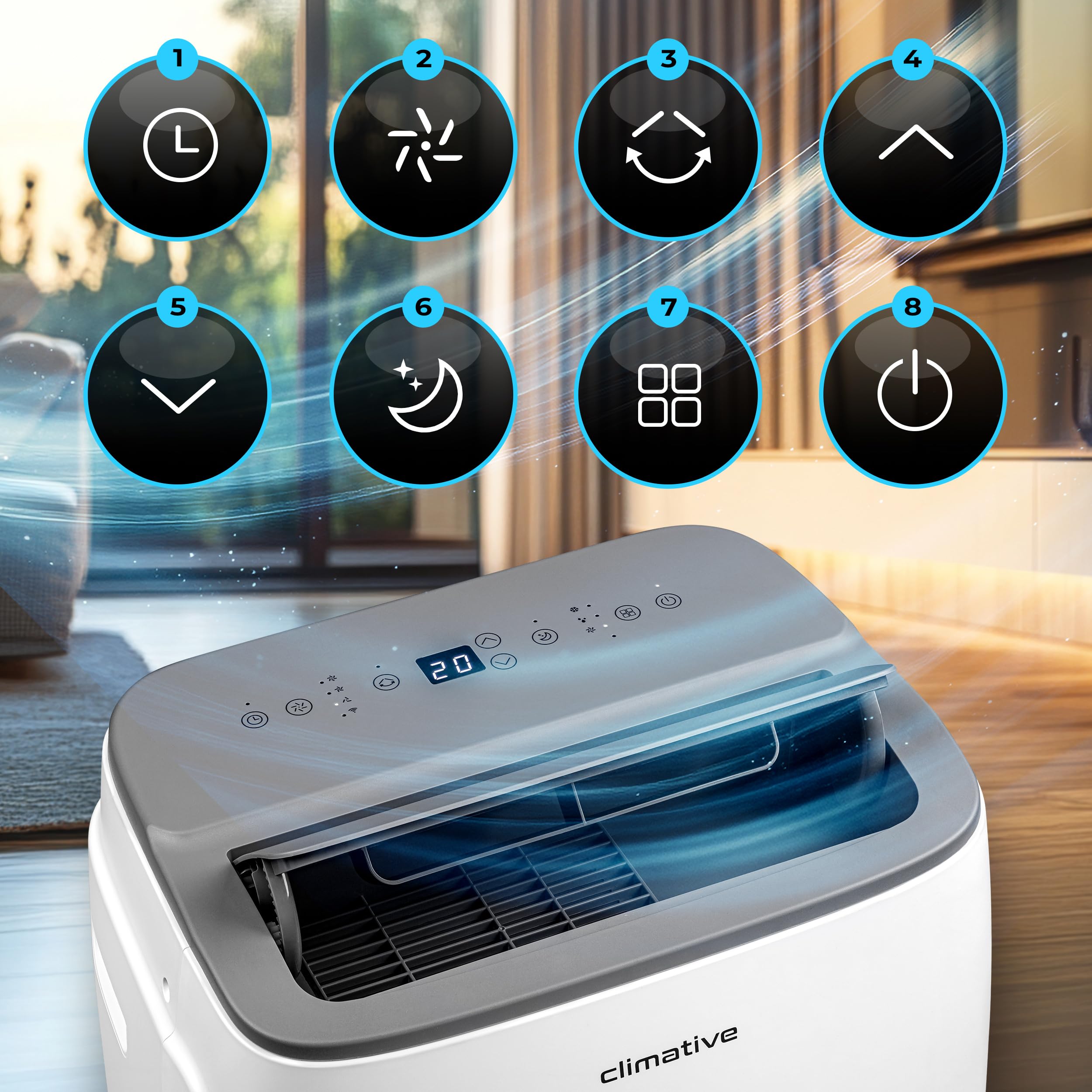 Klimatyzator przenośny Climative AC41-S JET WiFi, 4,1 kW, BTU 14000, do 41 m², klimatyzacja 3w1, osuszanie i wentylacja, w zestawie pilot zdalnego sterowania. Działa z Tuya Smart