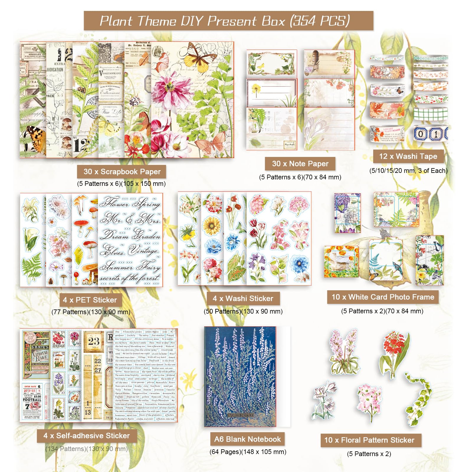 Lychii Scrapbooking Kit, 354 Pezzi Bullet Journal Accessori, con Quaderni A6, Washi Tape, Stickers, Carta Scrapbooking, per Bambini DIY, Regalo Compleanno&Giornata Bambini (Tema Pianta)