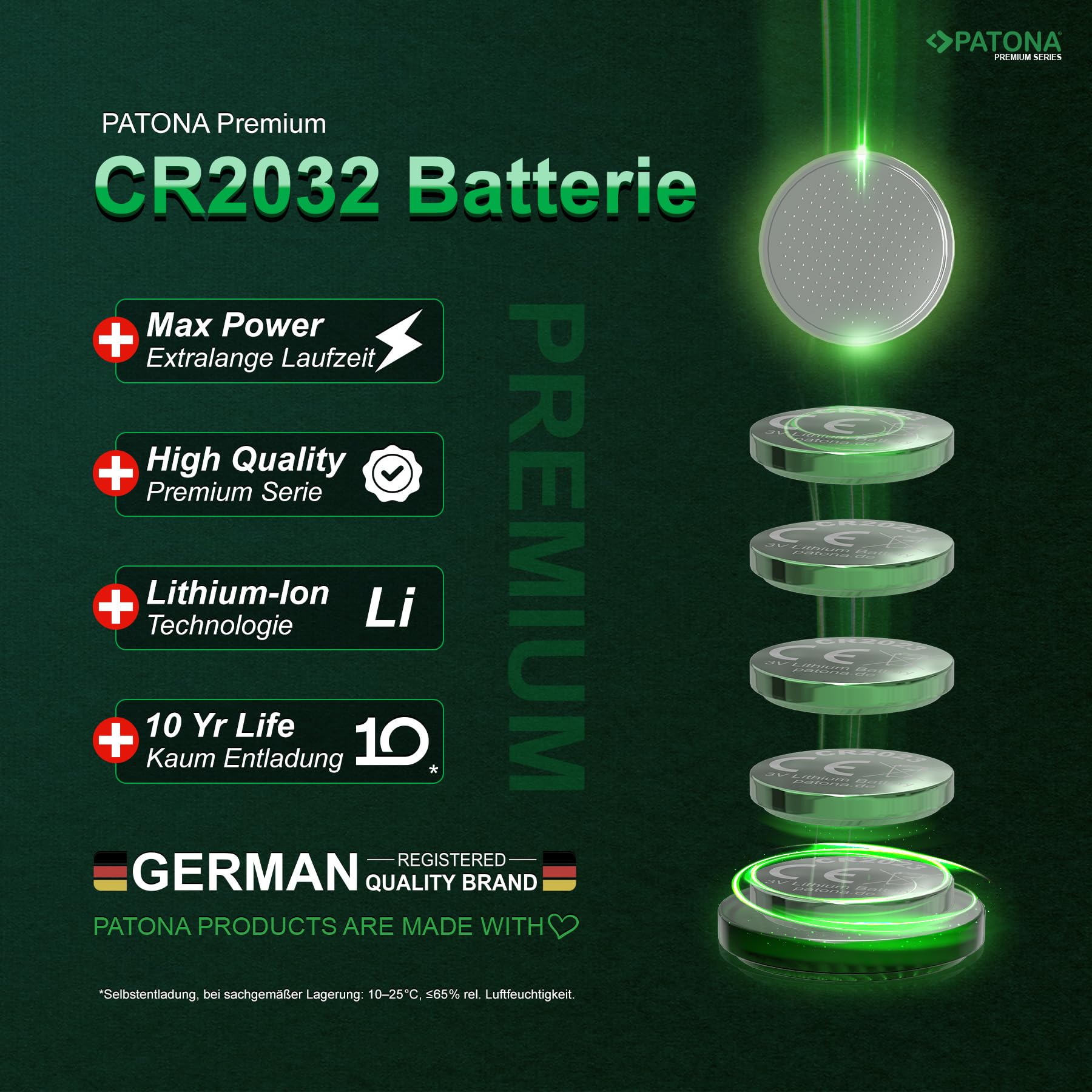 PATONA Premium CR2032 - Pilas de litio (3 V, 240 mAh, paquete de 200 unidades (20 x 10 unidades) - Pilas de botón para llaves de coche, mandos a distancia, relojes, rastreadores de fitness, medidores