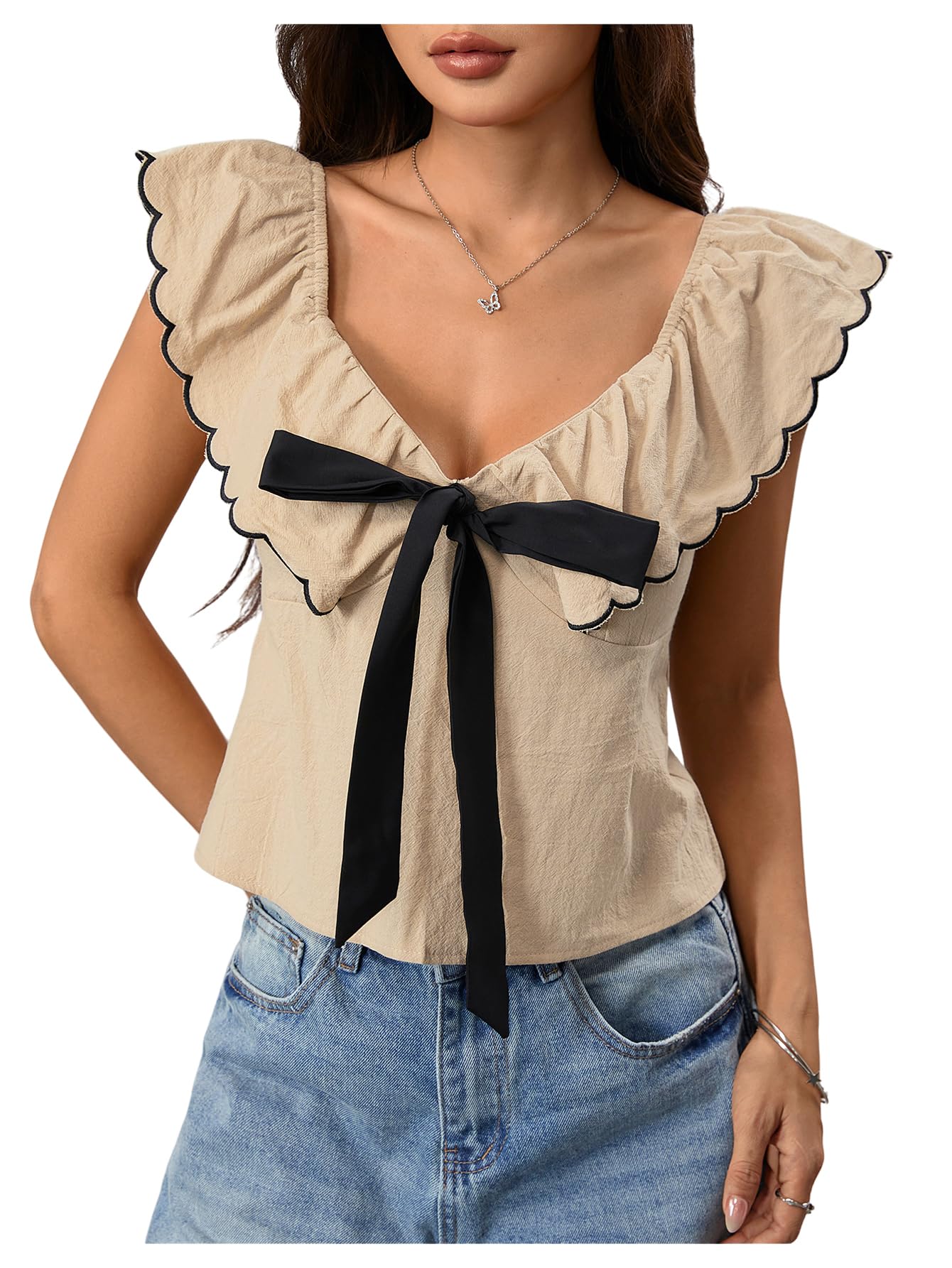 MakeMeChic Women's Bow Tie Front Sweetheart Blouse Ruffle Cap Sleeve Dressy Crop Tops