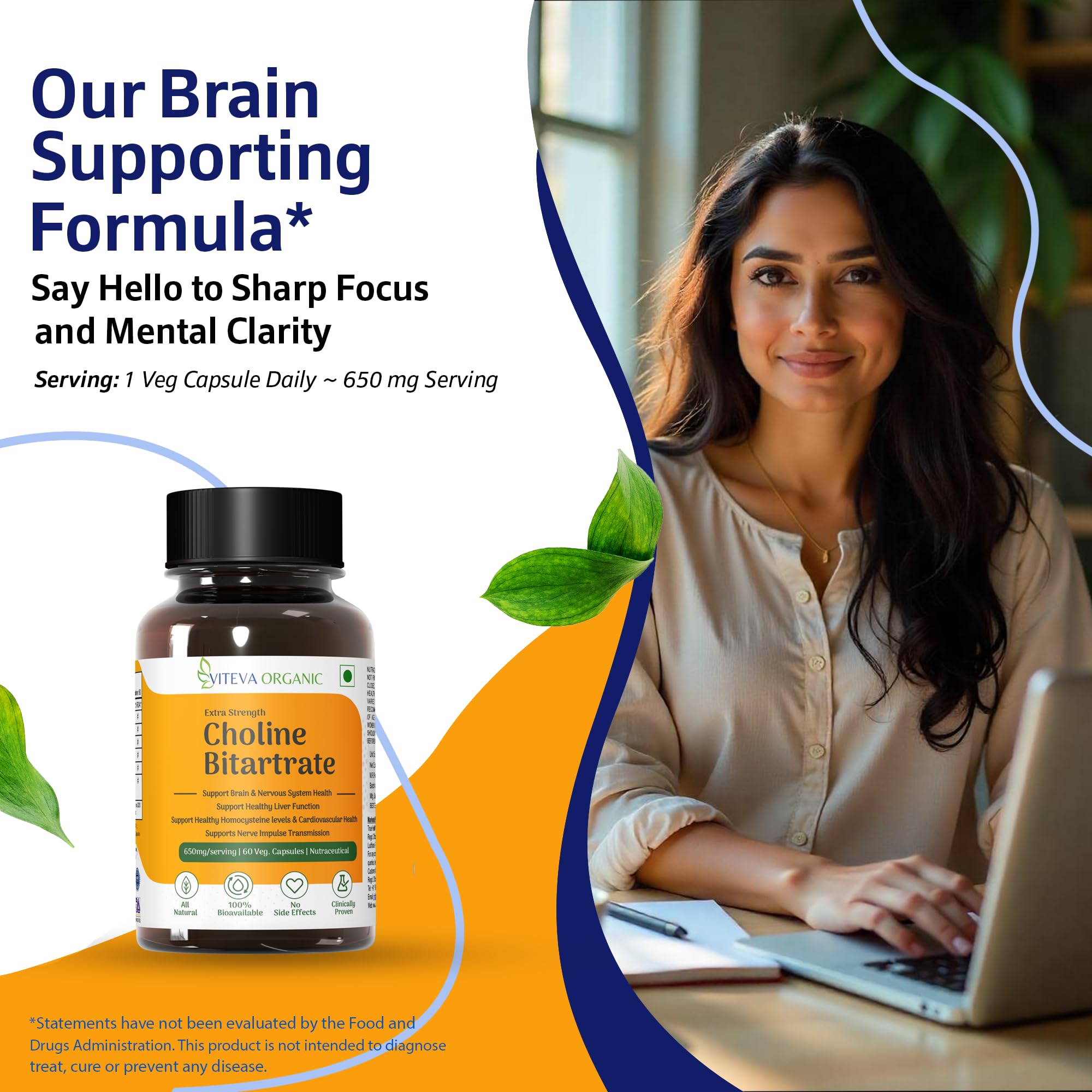 Viteva Organic Choline Bitartrate 650mg - 60 Veg Capsules - Premium Choline Supplement Supports Brain, Nerve, Liver & Heart Health - Vital Cholin Bitartrate Capsules - Enhanced Cognitive Support 4