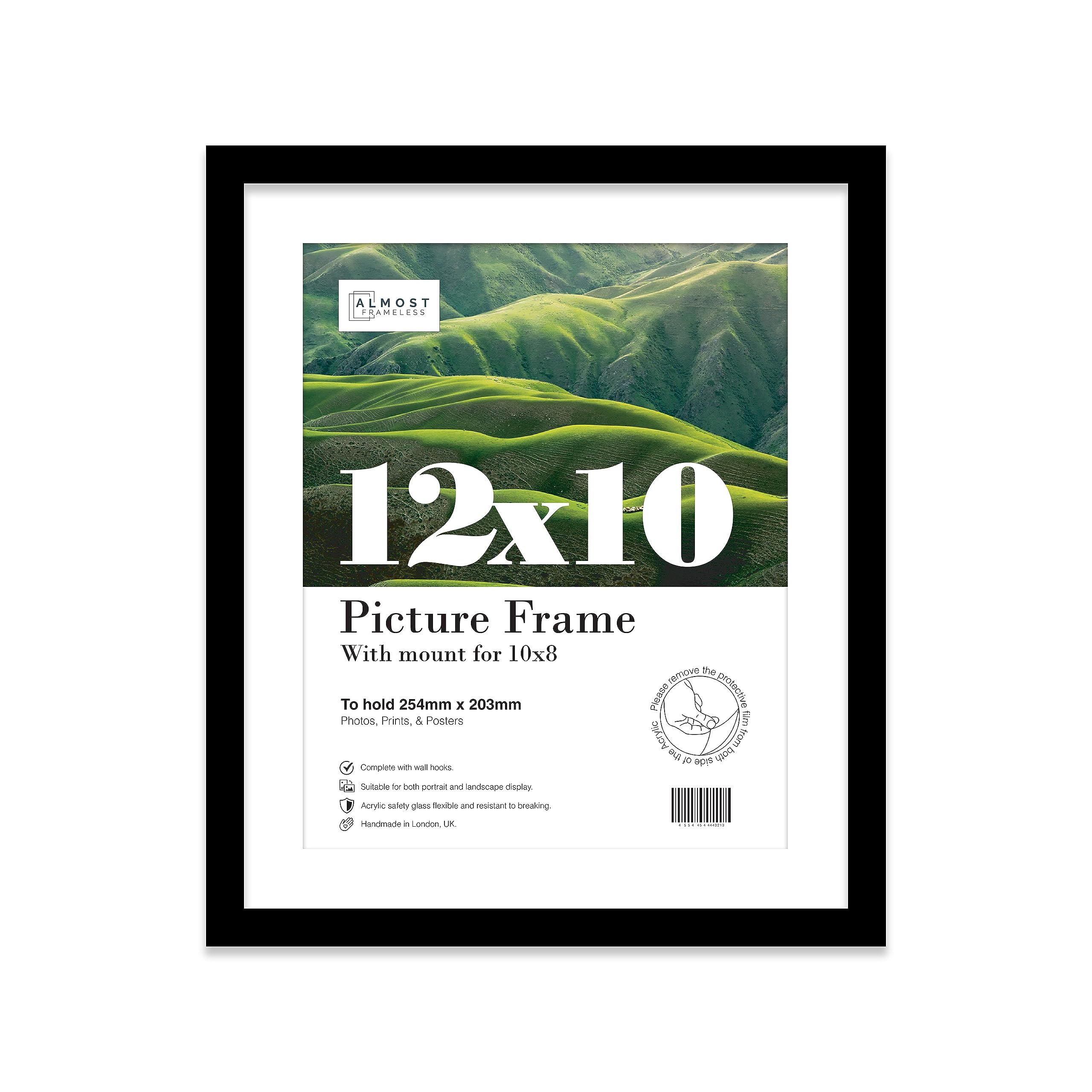 Almost Frameless 12x10 Black Picture Frame With Mount for 10x8 Print, Poster or Photo Poster, Photo, Artwork, or Print. Thin Edge Slim Frame Portrait and Landscape Display with Wall Hooks