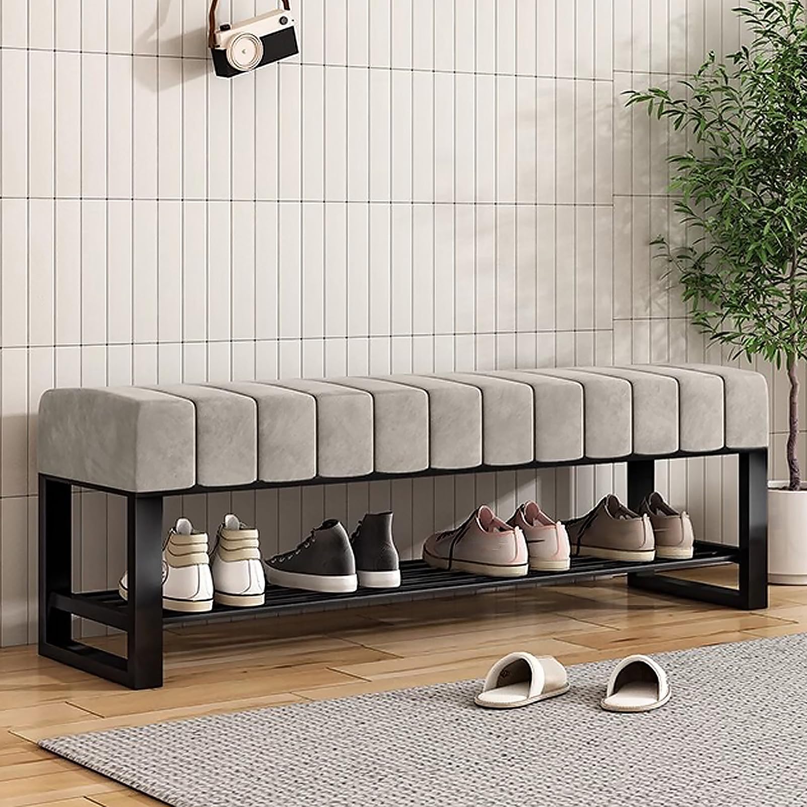 LWJSOCP 2-Tier Velvet Shoe Sto Bench with Padded Seat Slish Entryway Ottoman Black Metal e Space-Saving Shoe Rack for Bedroom & Hallway nizat