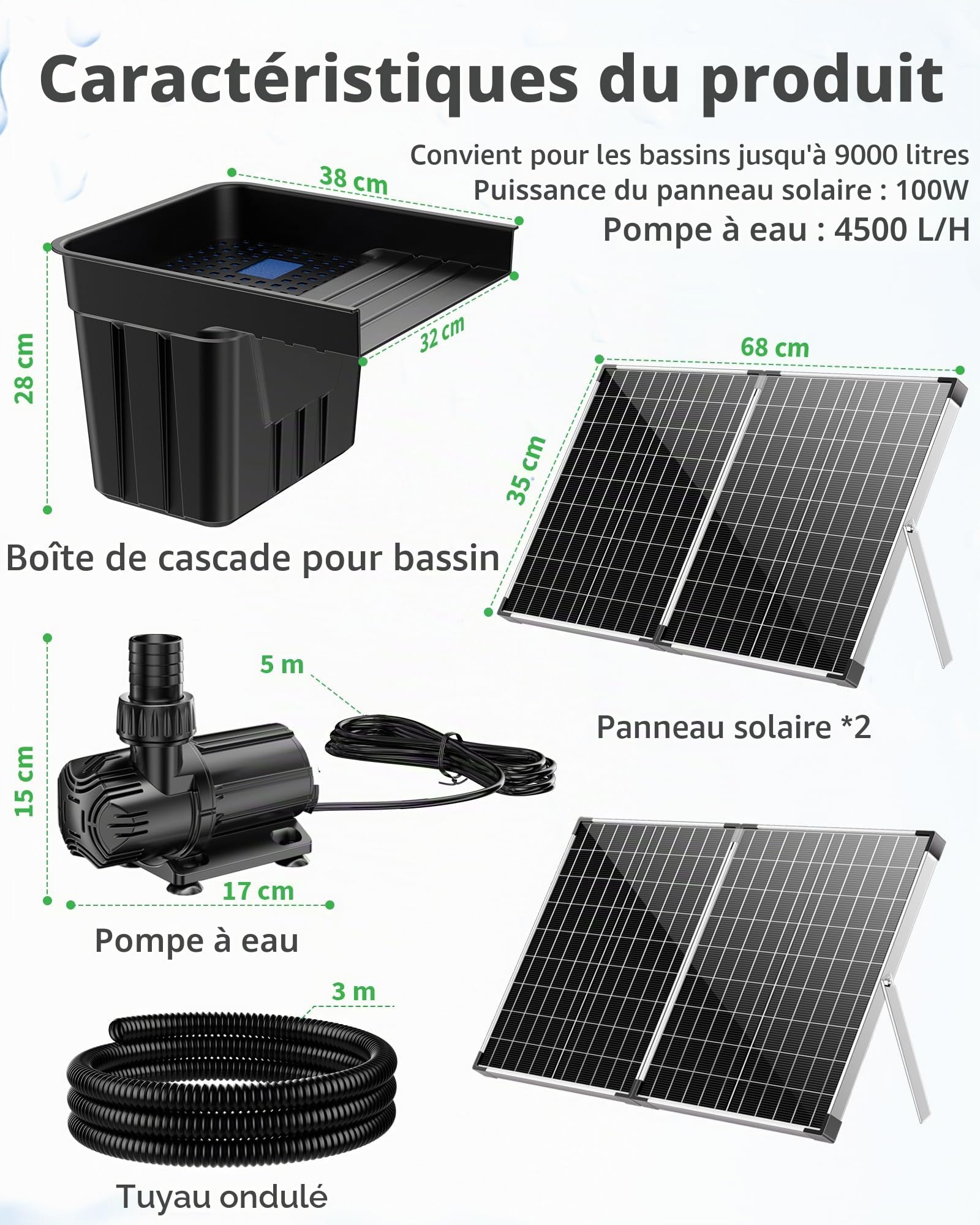 POPOSOAP Cascade Solar para Estanque con Panel Solar 100W y Bomba 4500 L/h, Tubo Corrugado 3m, Materiales Filtrantes, Cascade de Agua para Estanques de Jardín, Arroyos y Fuentes Exteriores