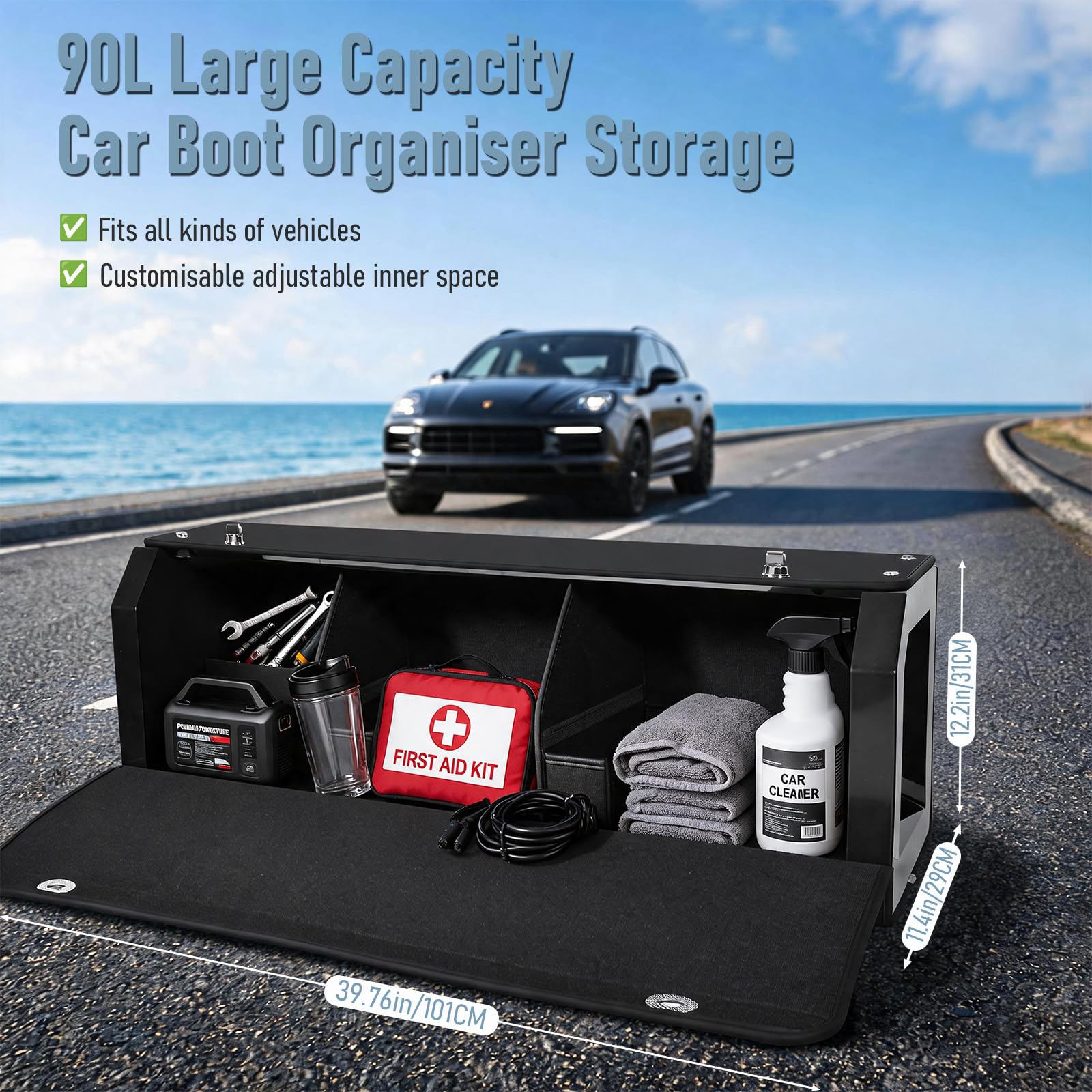 Großer XXL Auto Kofferraum Organizer mit Deckel – Premium NAPPA Leder, Vordertür & Tragbarer Push-Pull-Griff, Stabiler Universal Aufbewahrungsbox für SUVs & Fahrzeuge (Schwarz, 101 * 29 * 31 cm)
