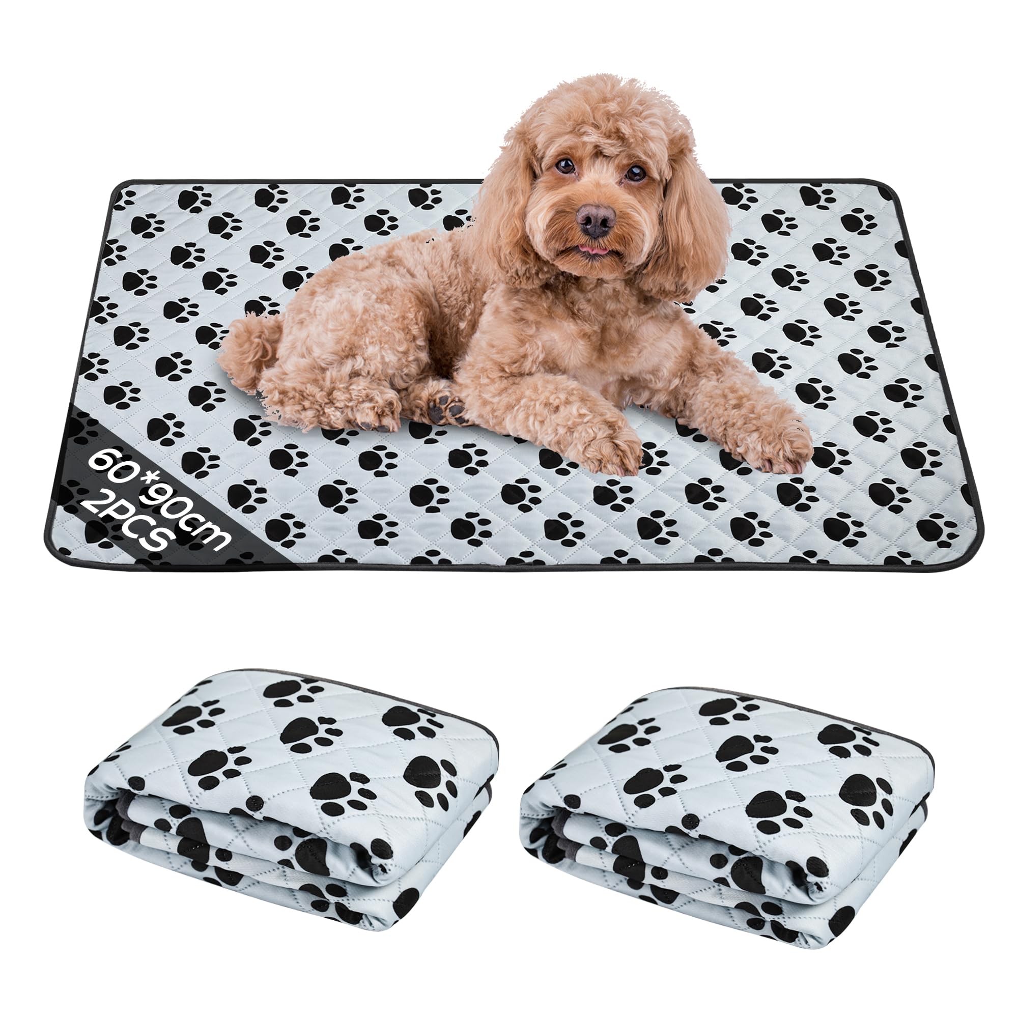 2 Stück Waschbar Haustier-Urinunterlage, 60*90 cm Wiederverwendbare Welpenunterlagen Matte, Hundetoilette, auslaufsicher, rutschfest, Super Saugfähig, für Hunde, Katzen, Kaninchen und Meerschweinchen