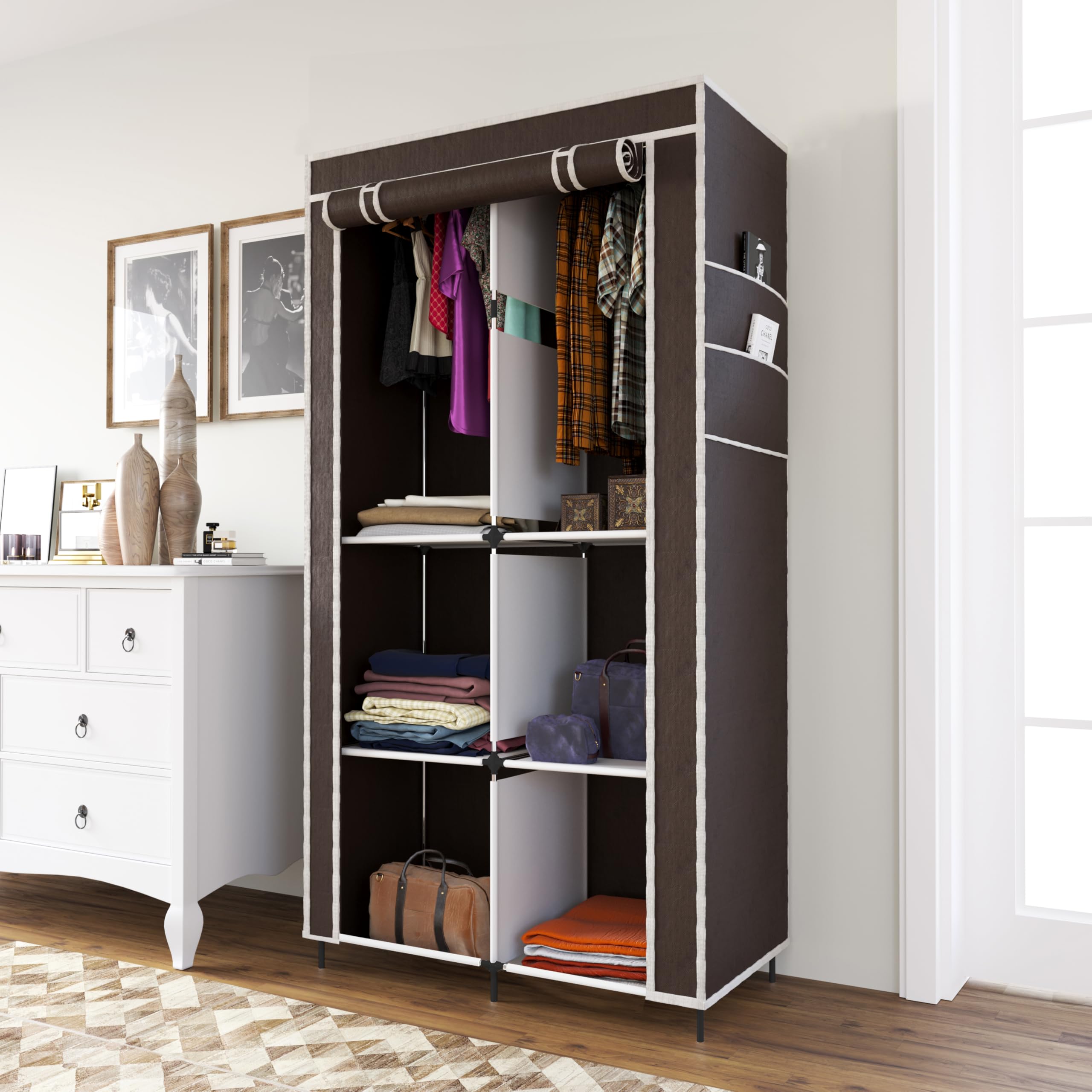 Maison & Cuisine® 3+3 Layer Collapsible Wardrobe for Clothes with 6 Shelves, 2 Side Pocket and 2 Hanger (Non Woven Febric and Metal Rod, 84x42.5x166cm)(Brown,7800-3)