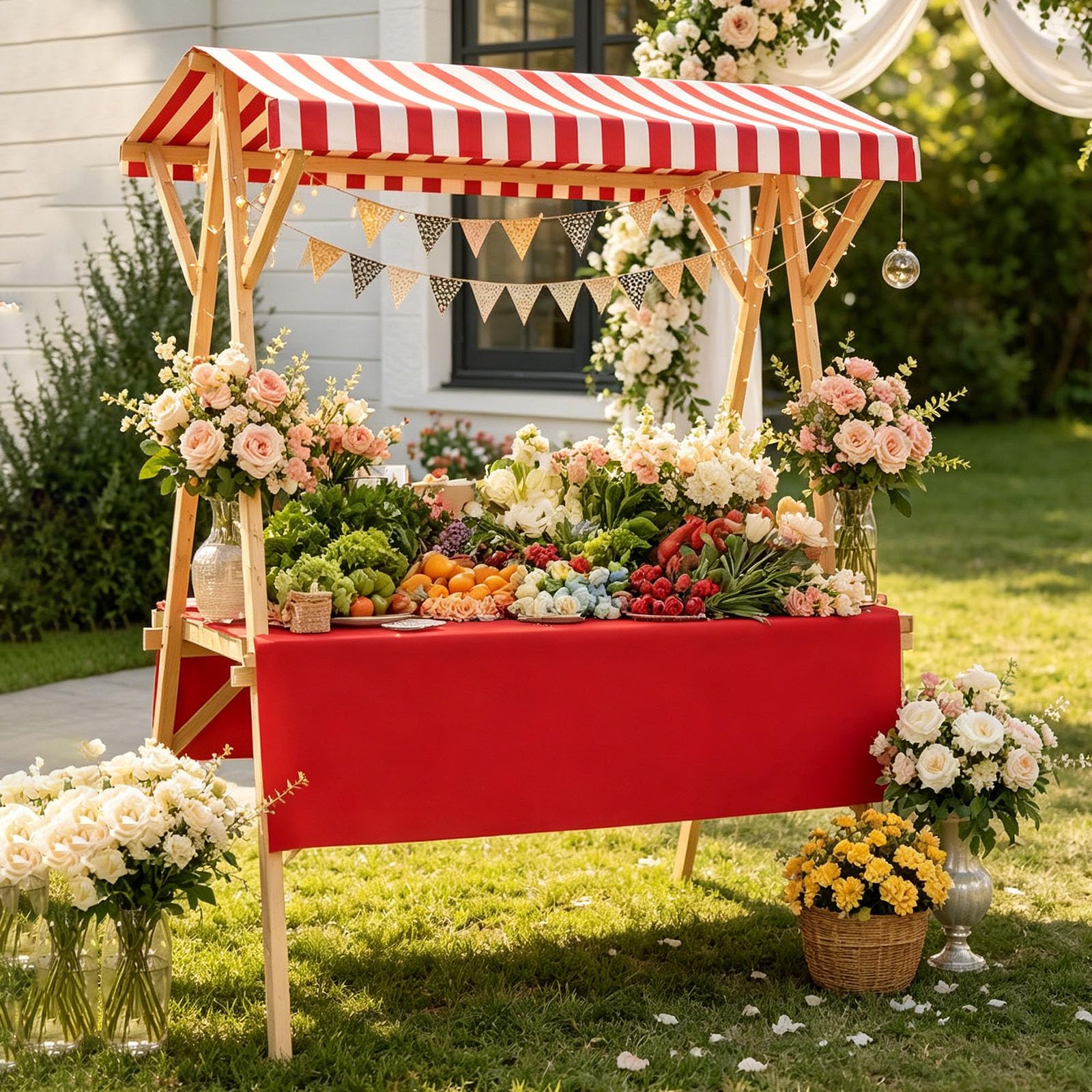 Portable Farmers Market Stand, Mobile Food Cart with Canopy, Foldable Outdoor Market Stall Vendor Carts for Farmers Market, Dessert Cart, Outdoor Events red S