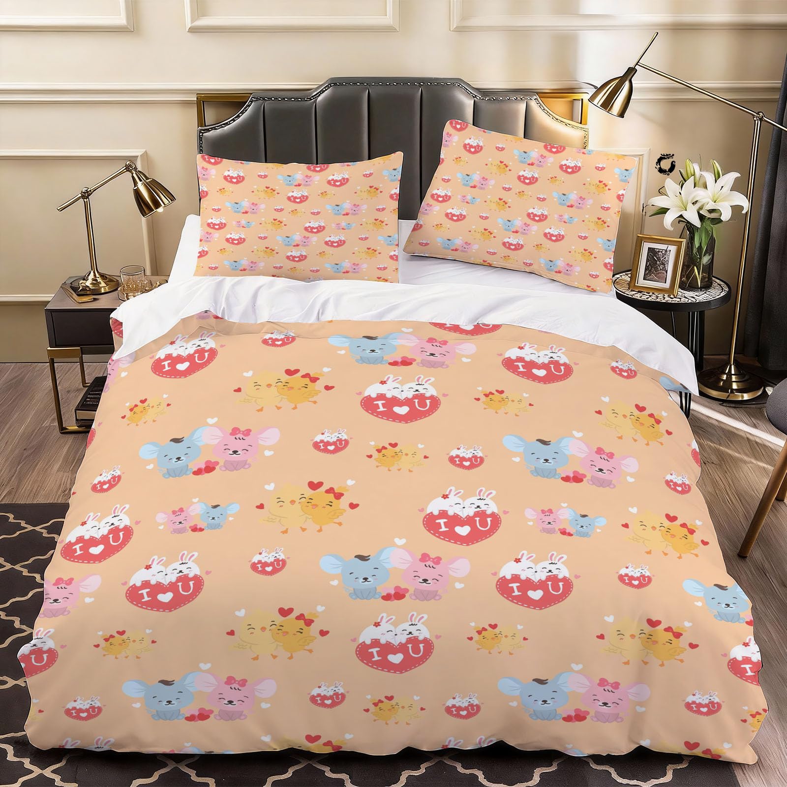 3D Cartoon Rabbit Duvet Cover Cartoon Bedding Double Bed Set, Soft Microfiber Comforter Cover Printed with Zipper Closure Quilt Coverr 200x200 cm and 2 Pillowcases