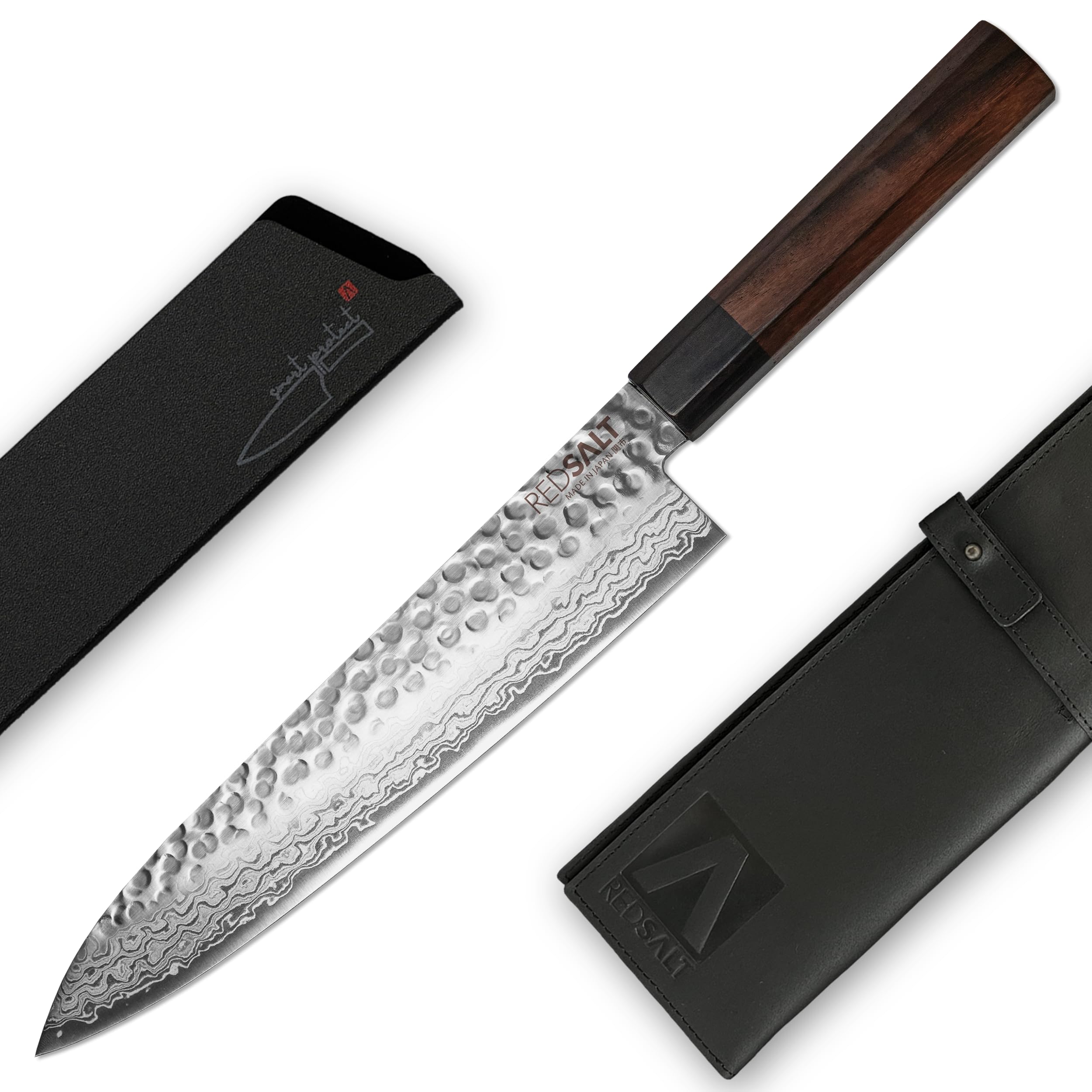 REDSALT® Professional Series GYUTO - Cuchillo de chef (21 cm, acero de damasco, hecho a mano en Japón, con vaina y funda de piel, hoja de damasco, cuchillo de cocina